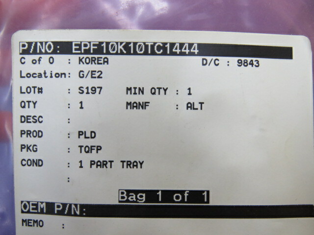ALTERRA EPF10K10TC1444 Qty of 1 per Lot Field-Programmable Gate Array, 576 Cell