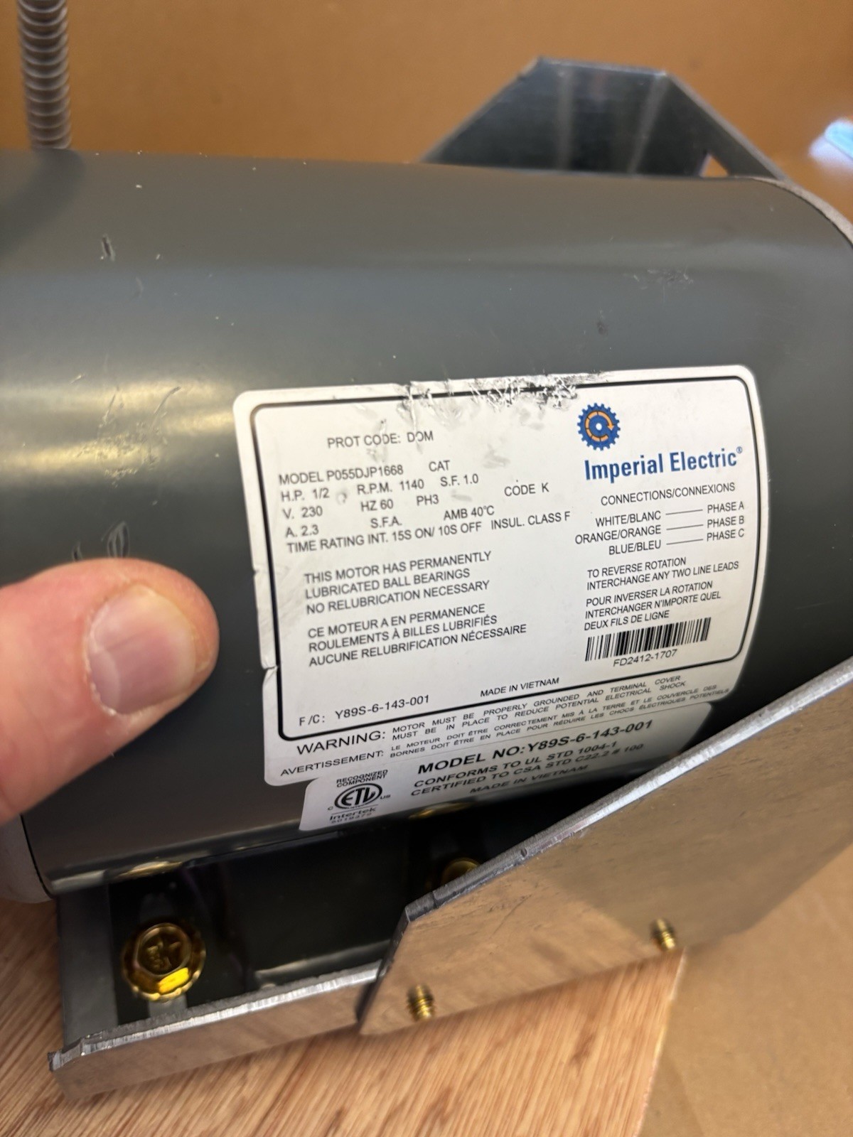 IMPERIAL ELECTRIC P055DJP1668 MOTOR 1/2-HP 1140-RPM 120V 3-PHASE Y89S-6-143-001