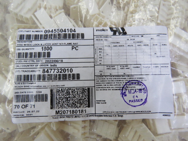 Molex 945504104 Qty of 55 per Lot 5.00mm Pitch Rast 5 PA Polyamide (Nylon) 6/
