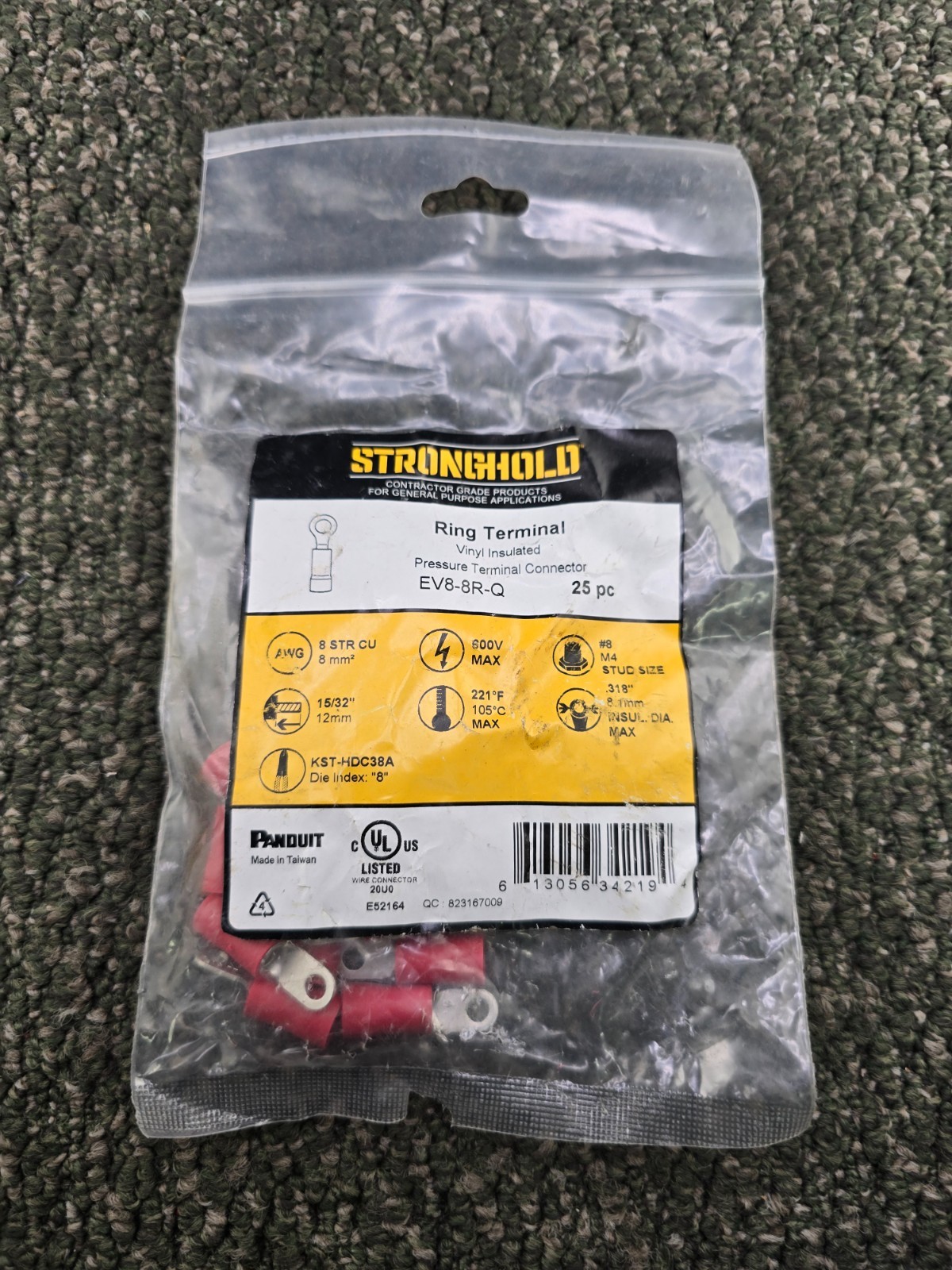 (QTY 25) Panduit EV8-8R-Q StrongHold Vinyl-Insulated Ring Terminals 8 AWG Str