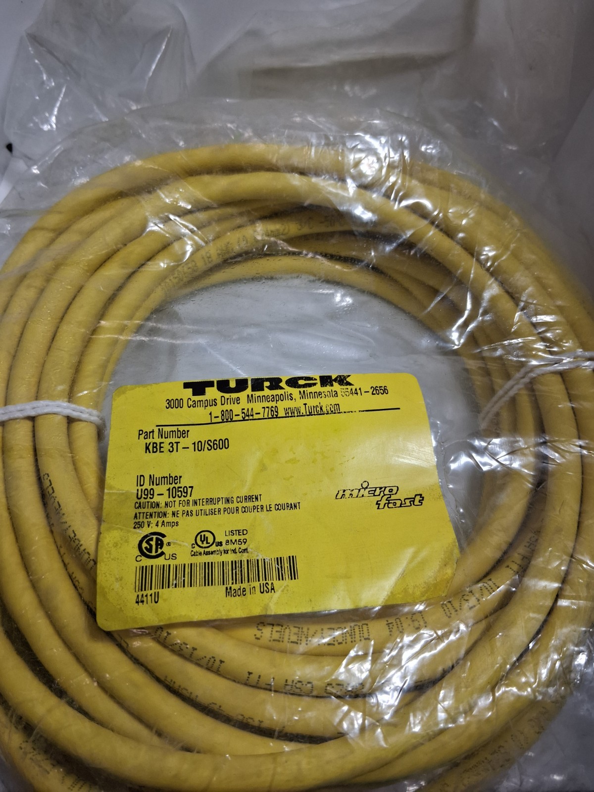 TURCK KBE 3T-10/S600 CORDSET 250V 4A MICRO FAST (U99-10597) NIB
