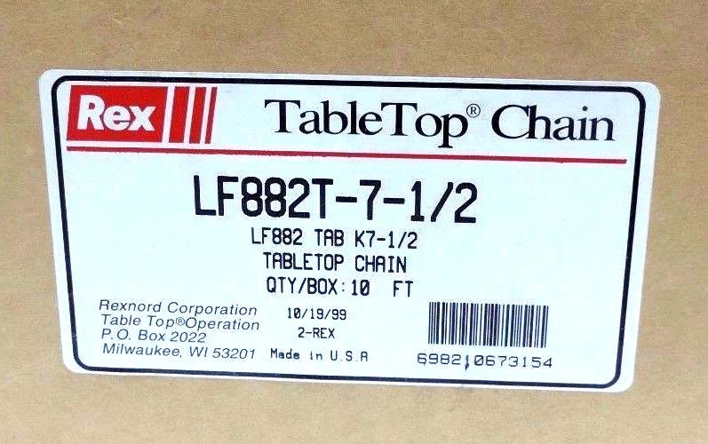 NIB REXNORD LF882T-7-1/2 TABLE TOP CHAIN 10FT LENGTH 7-1/2″ WIDTH 1-1/2″ PITCH