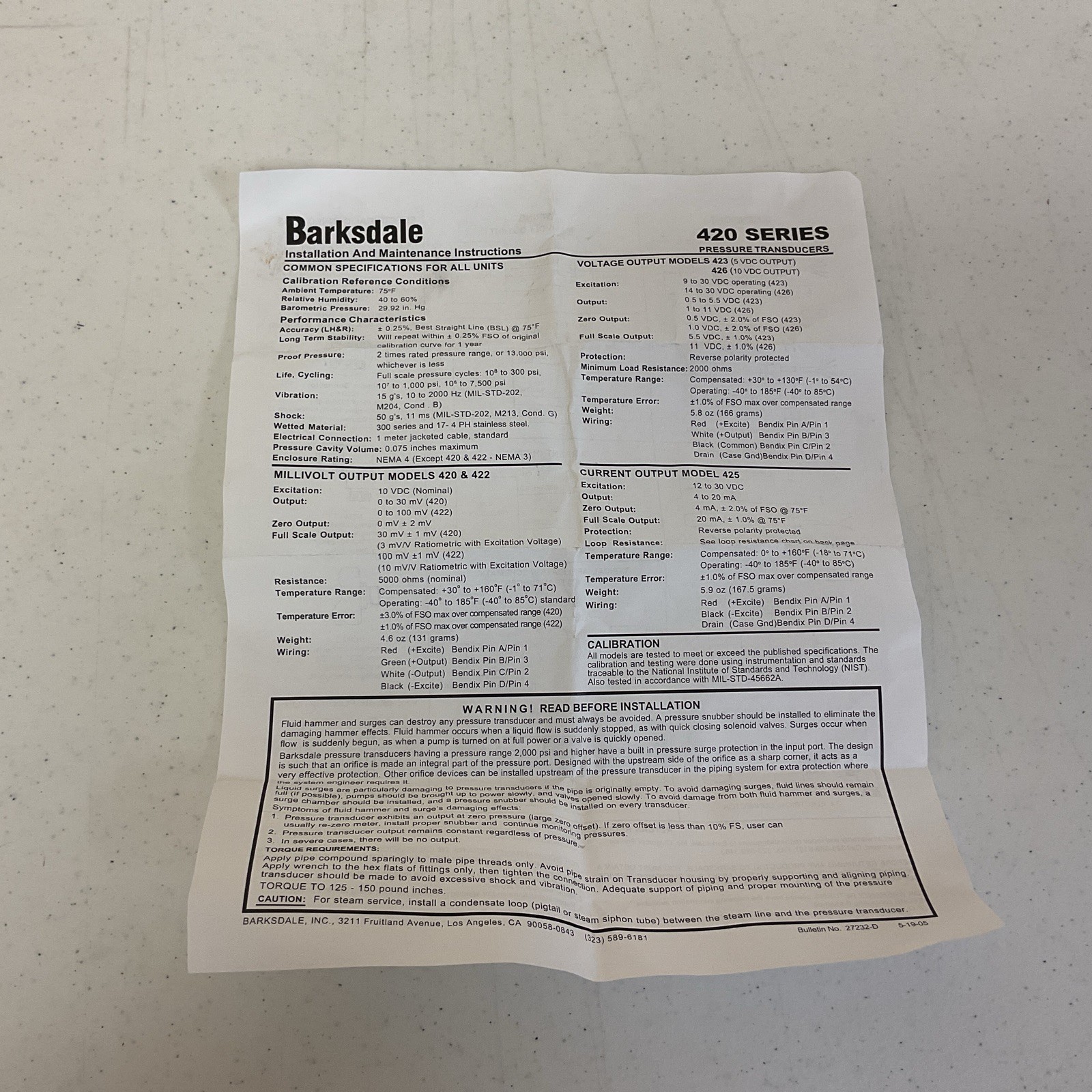 NEW, BARKSDALE 426H3-04 PRESSURE TRANSDUCER, 00-100 PSIG, FREE SHIPPING