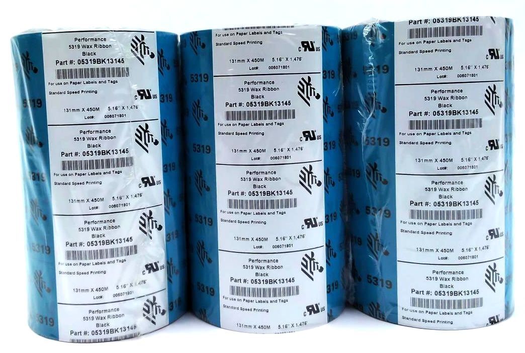 Zebra 5.16″ x 1476′ Thermal Transfer Wax Ribbons 05319BK13145 – 6 Rolls Genuine