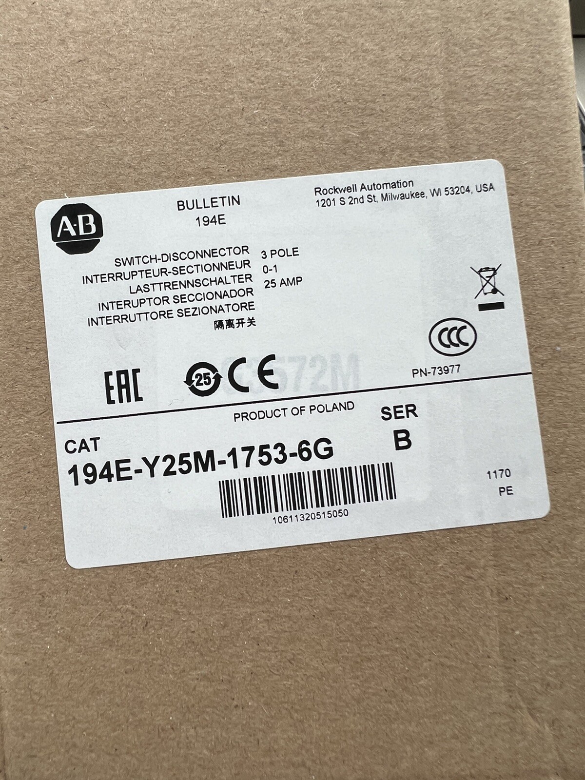 Allen Bradley 194E-Y25M-1753-6G 25A 3P Load Switch New In Box USA