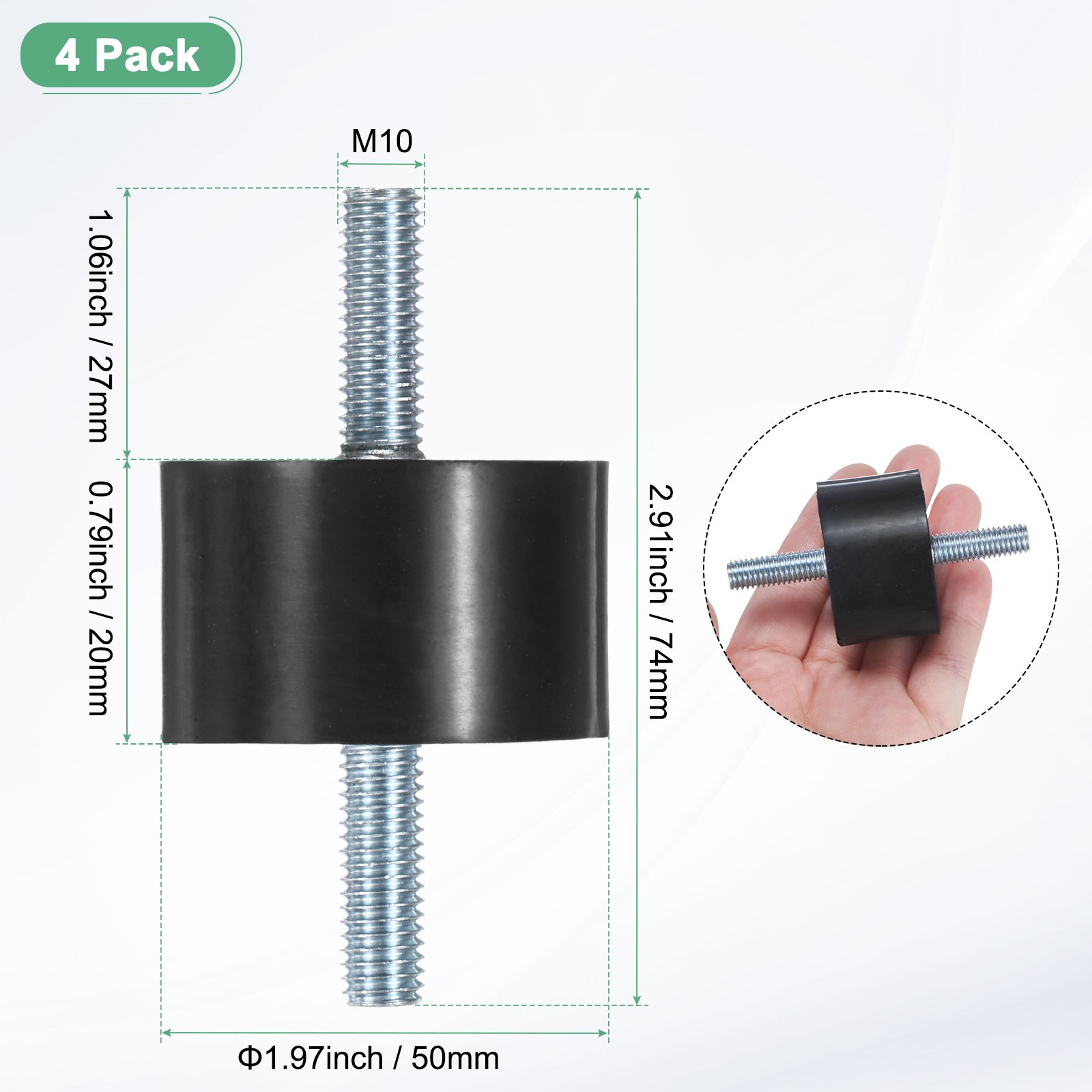 4-Pack Rubber Mounts with M10 x 27mm Double Studs Male D50mmxH20mm