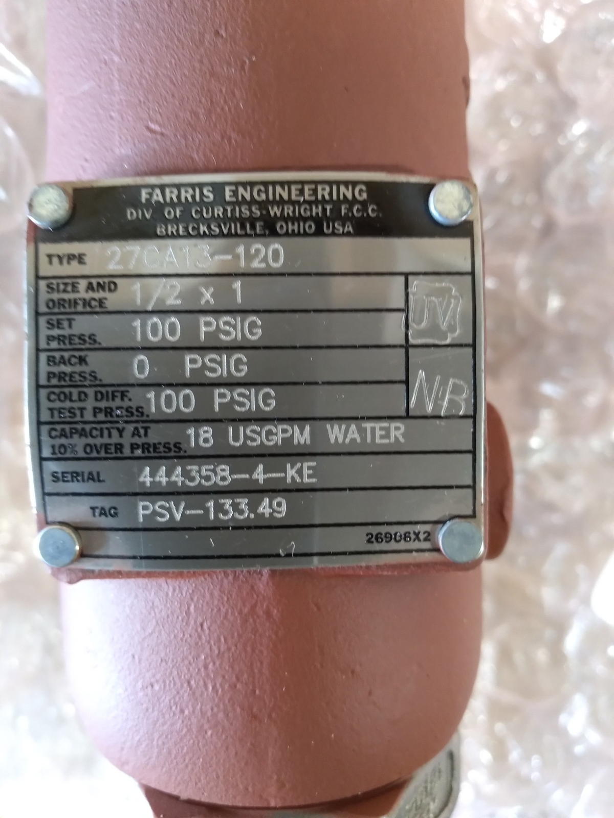 FARRIS 27CA13-120 1/2*1 100PSIG 18USGPMWATER 444358-4-KE PSV-133.49 24752X13 WCB