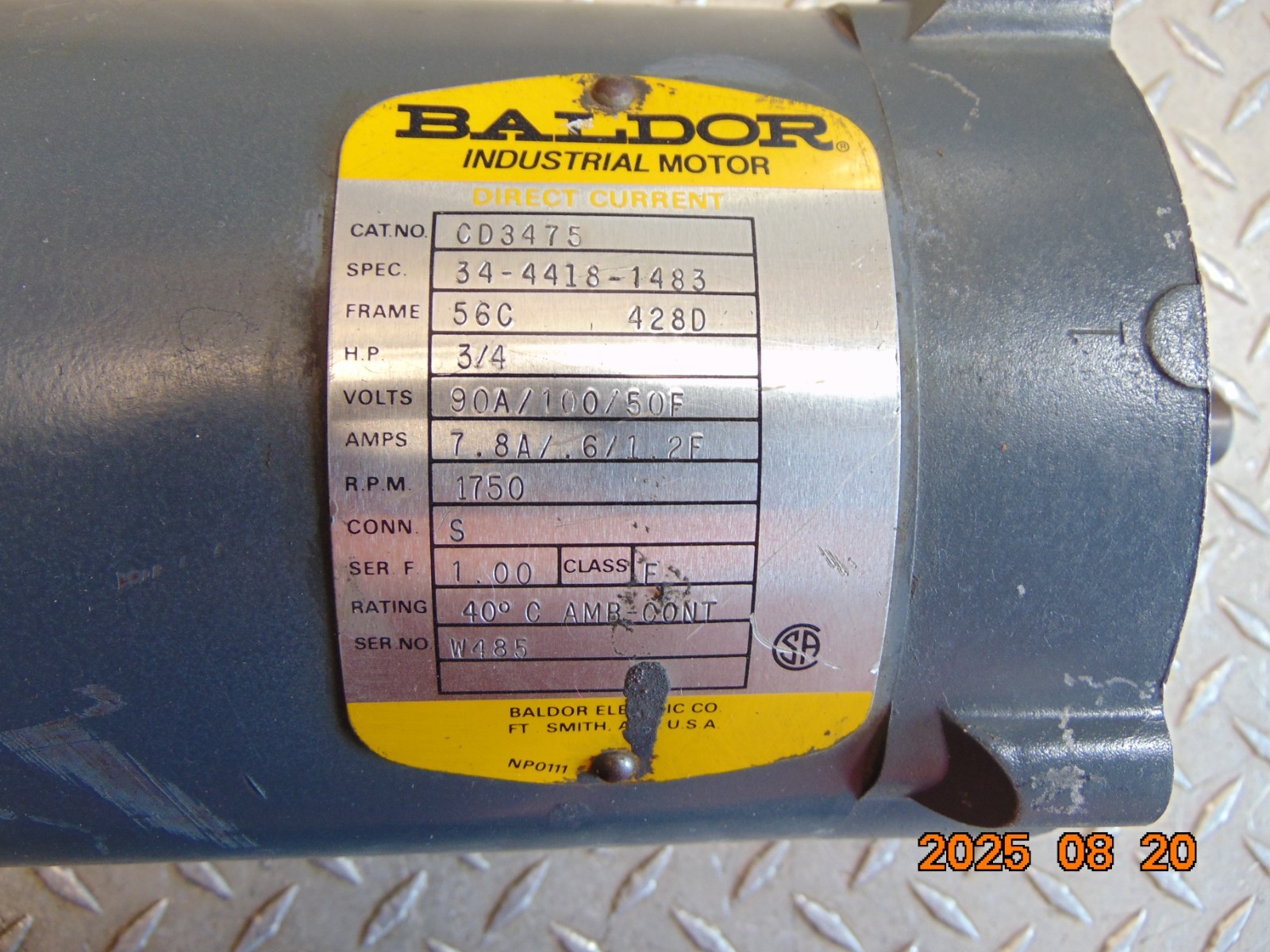 BALDOR CD3475 3/4HP DC INDUSTRIAL MOTOR 1750 RPM 56C FRAME