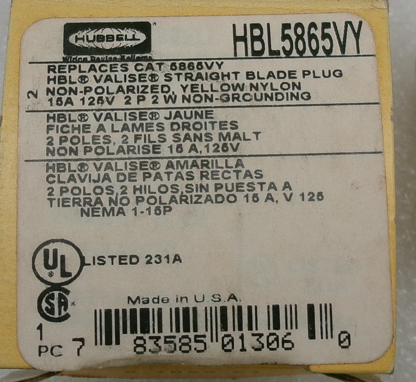 Hubbell HBL5868VY Replaces Cat 5865VY 15A 125V 2 P 2 W NON-Grounding #763P