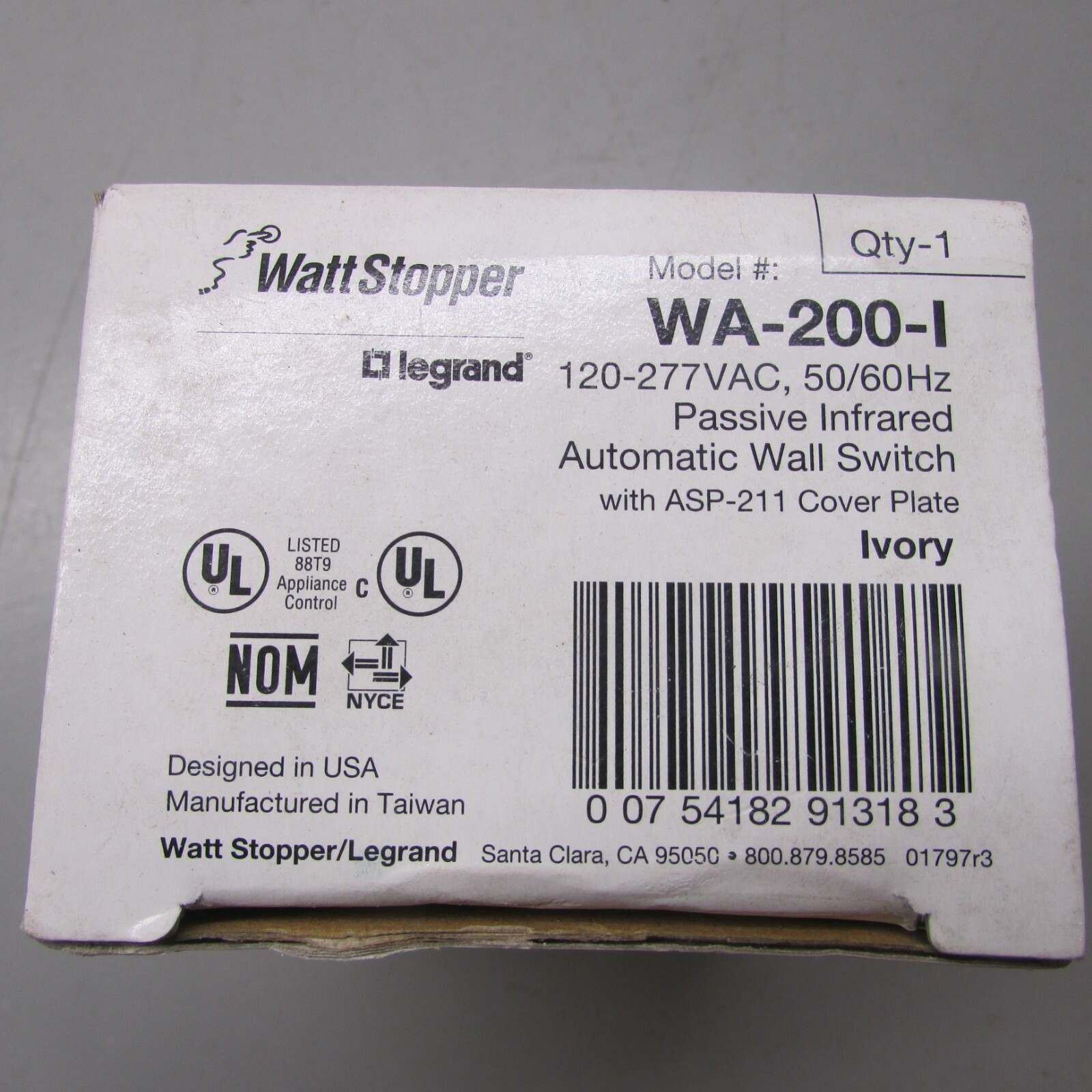 Watt Stopper WA-200 Automated Wall Switch 120-277 VAC 50/60 Hz