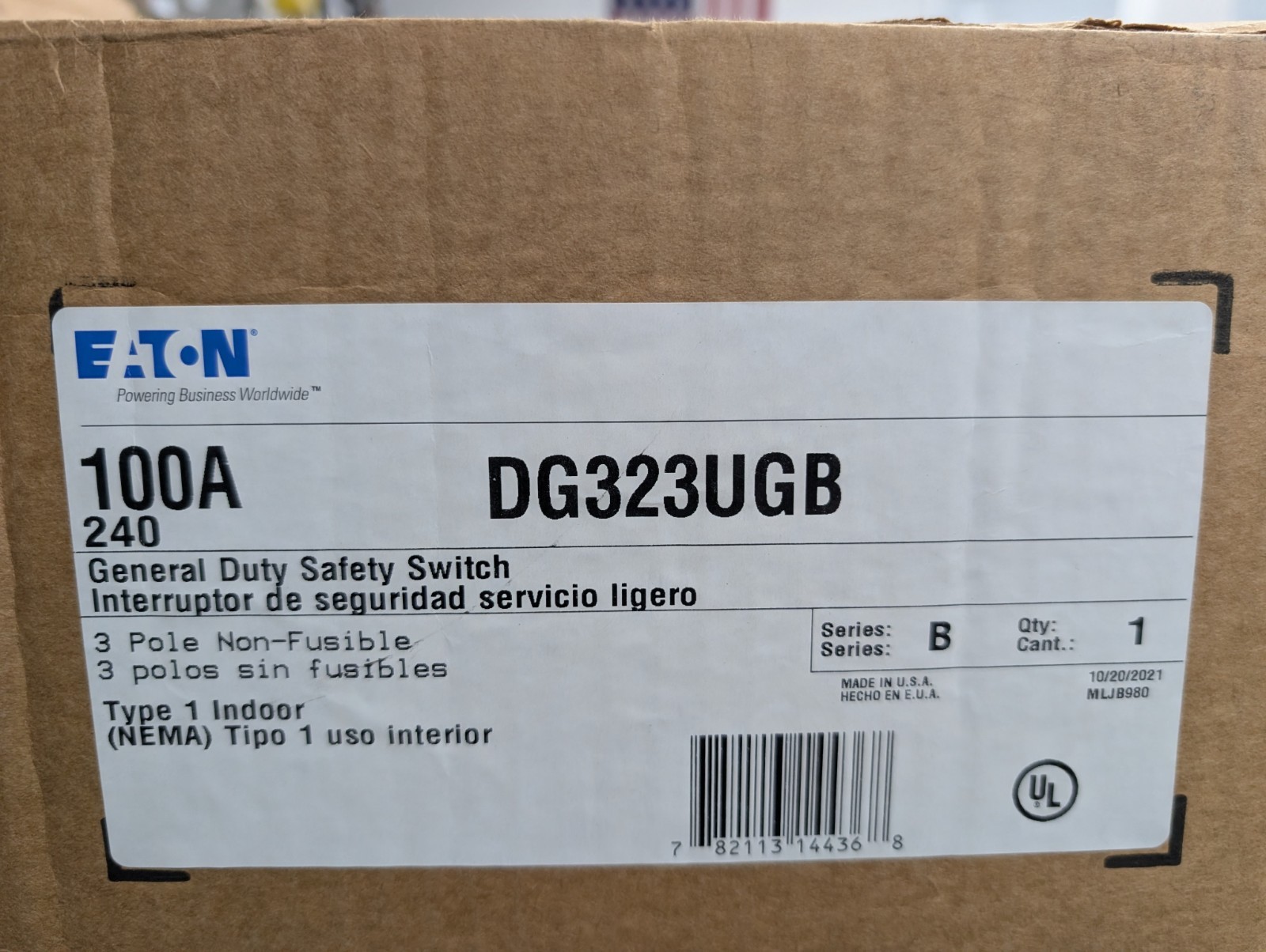 🤪 NEW EATON 100 AMP NON FUSED SAFETY SWITCH 240 VAC 3Ø 30 HP DG323UGB
