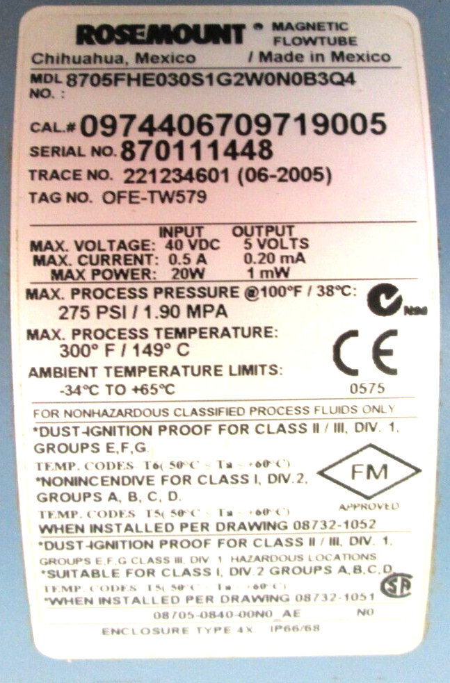 ROSEMOUNT, 8705FHE030S1G2W0N0B3Q4, 8732CT12N0M4, 3″ 150, MAGNETIC FLOWTUBE, USED
