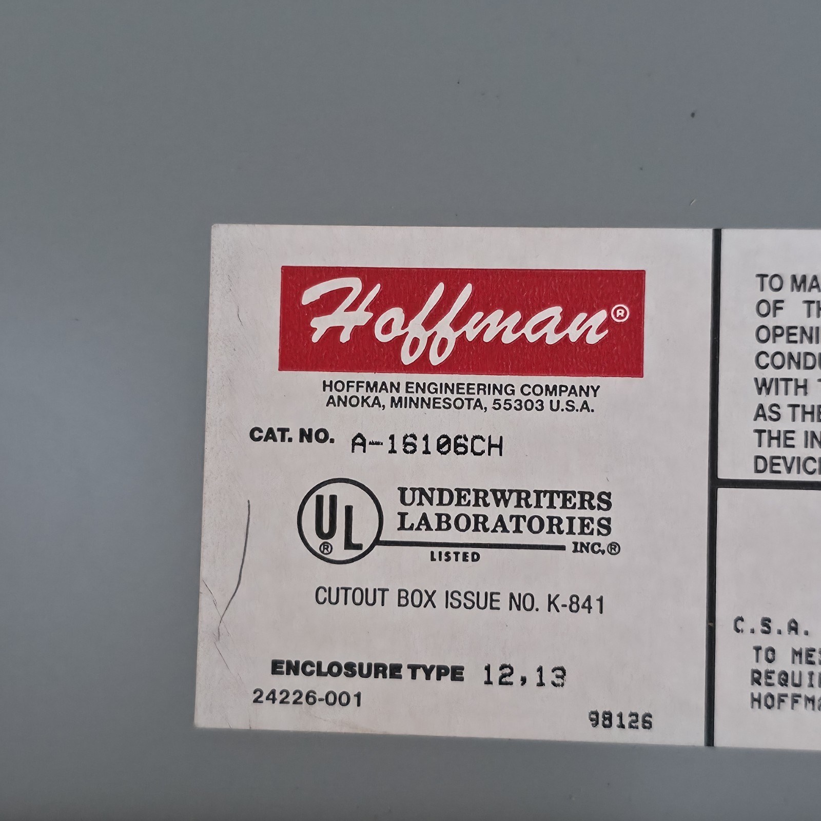 Enduratec Systems Interface – Hoffman Box – Shunt Cal E-Stop 2541-1 2541-2 2543