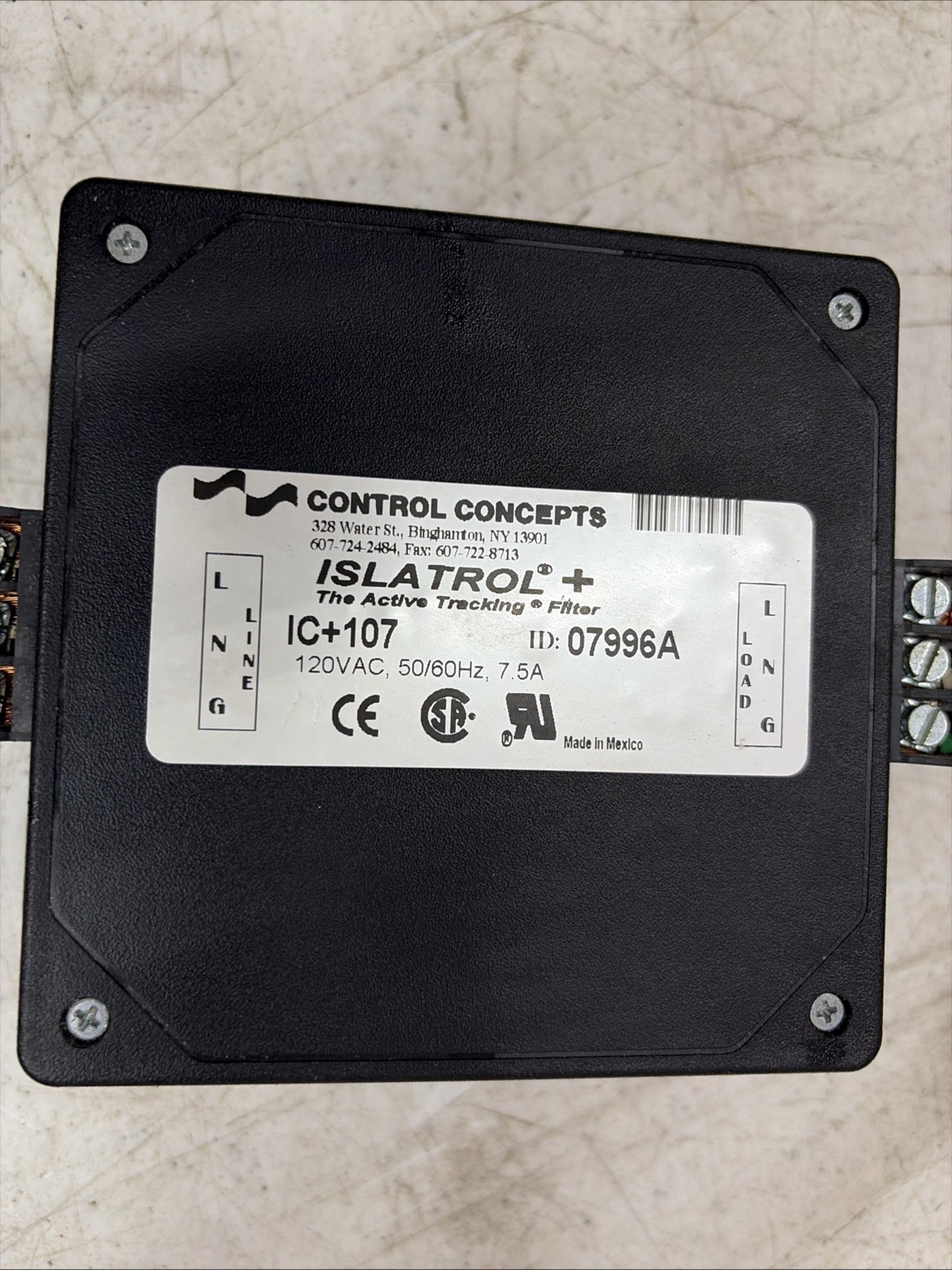 Used CONTROL CONCEPTS IC+107 ACTIVE TRACKING FILTER 120VAC 50/60HZ 7.5A