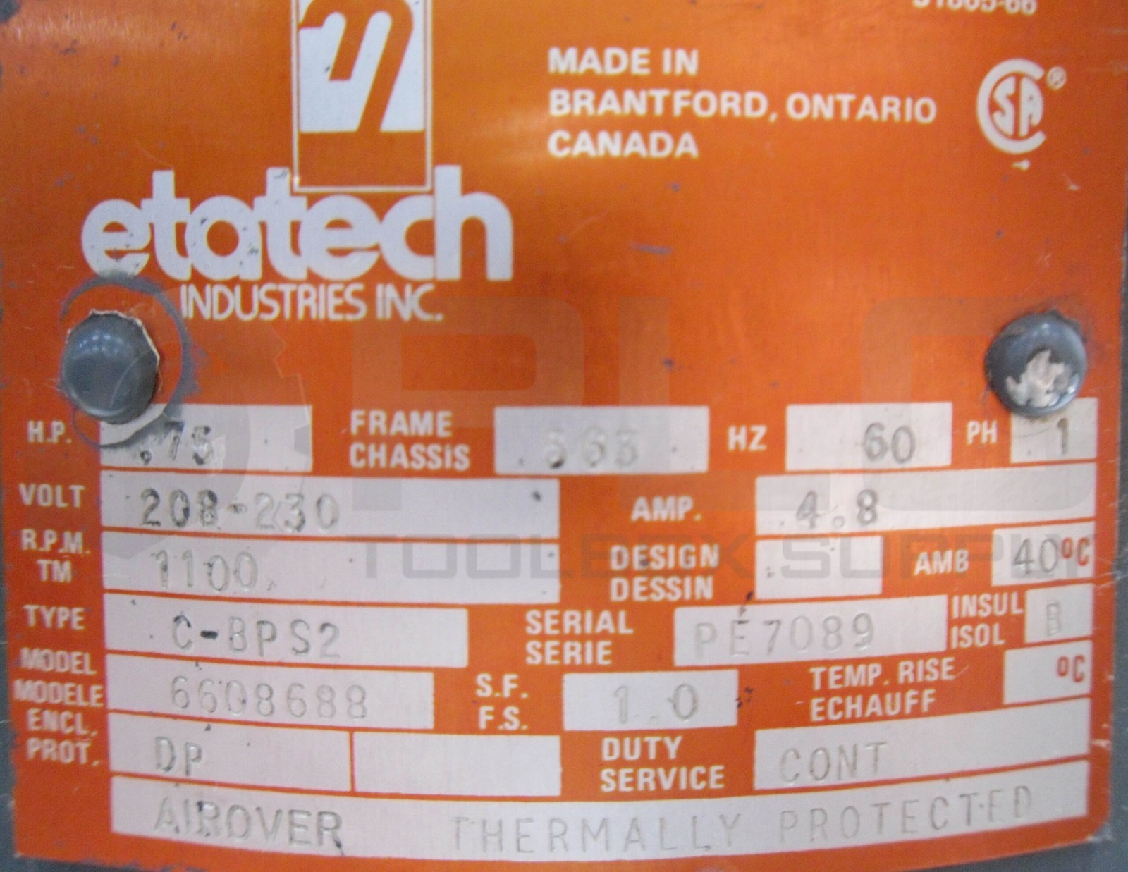 ETATECH INDUSTRIES INC 6608688 MOTOR .75HP, PH 1, 1100RPM, FRAME 563