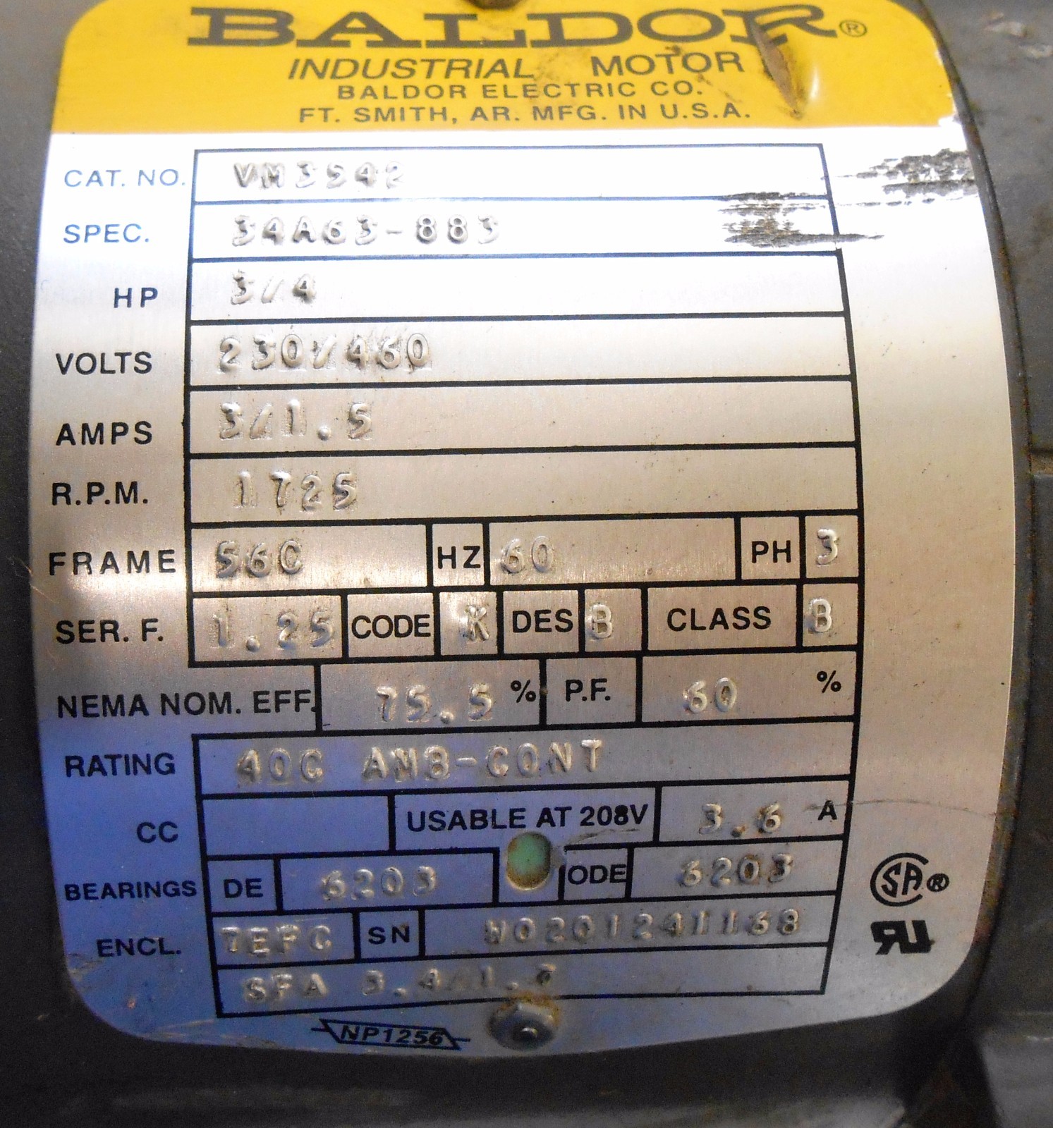 BALDOR INDUSTRIAL MOTOR, VM3542, 34A63-883, 3/4 HP, 230/460 VOLTS, 3/1.5 AMPS