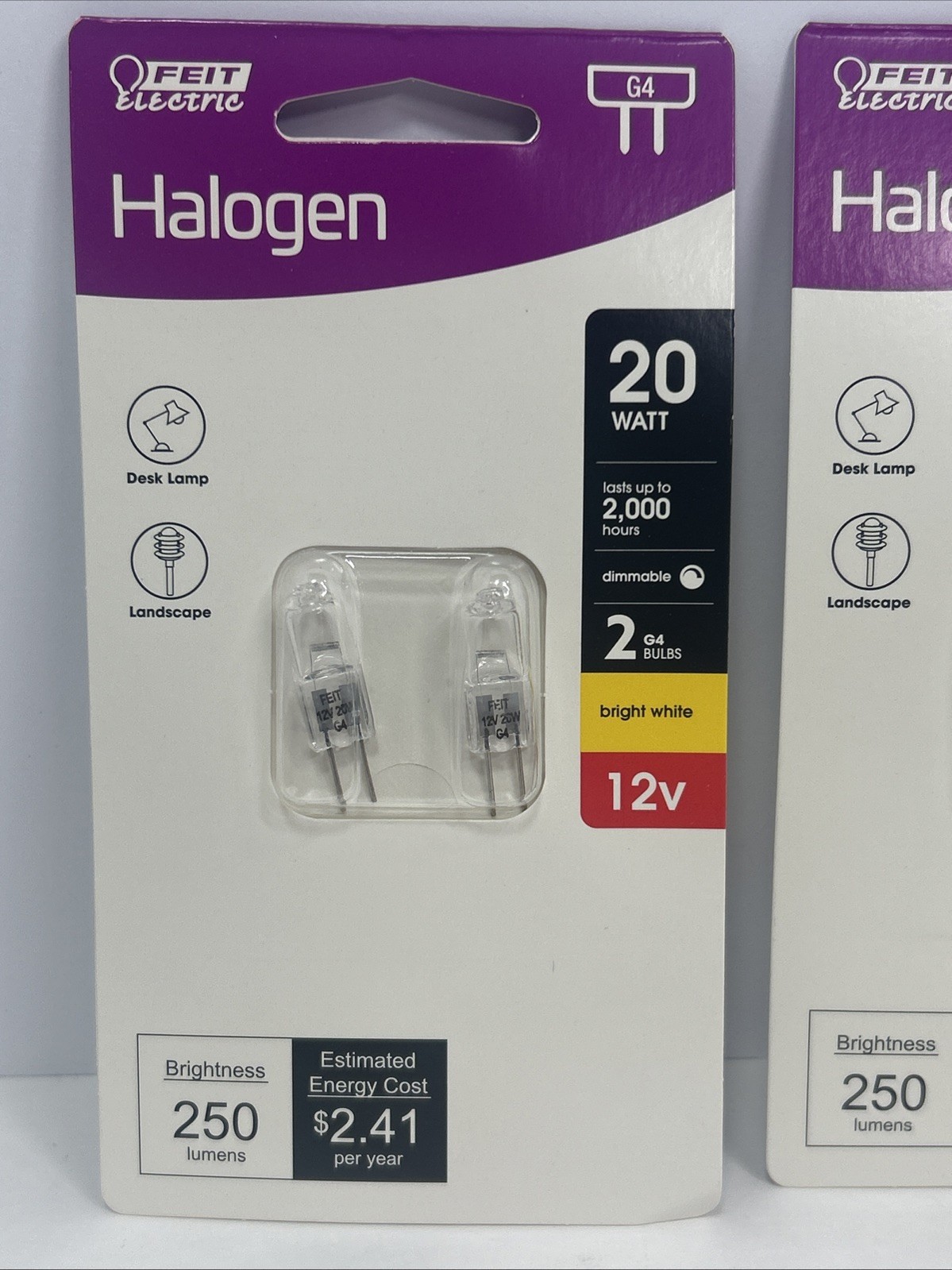 2 Packs Feit Electric 20-Watt G4, Clear Bulb 12 volt, 4- Bulbs NEW SEALED