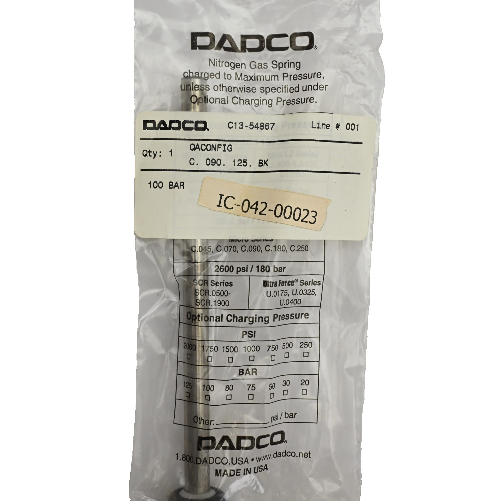 Dadco C.090.125.BK Nitrogen Gas Spring, 125mm Stroke, 100bar