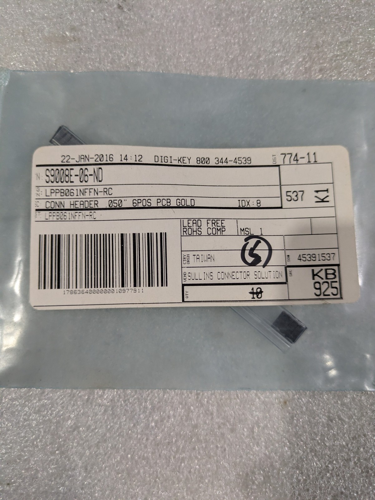 Sullins LPPB061NFFN-RC Connector Header 6-Position 0.050in 1.27mm PCB SMD 5/orde