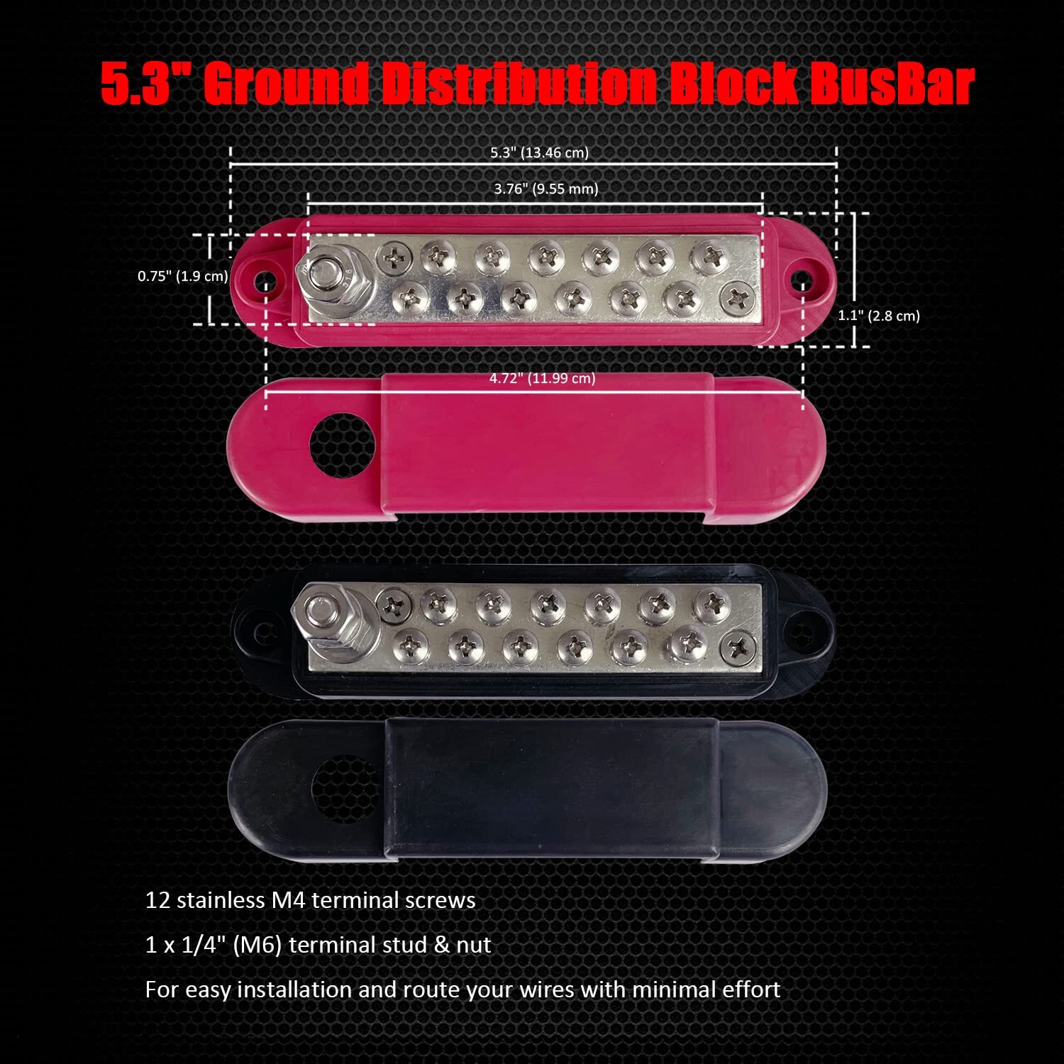 12 Terminals Bus Bar, Ampper 5.3″ Nickle Plated Brass, Red & Black