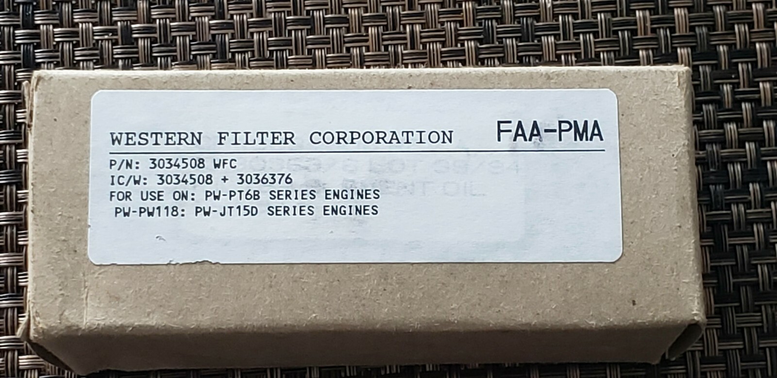 Oil filter element WESTERN FILTER CORPORATION – FAA-PMA P/N: 3034508 WFC