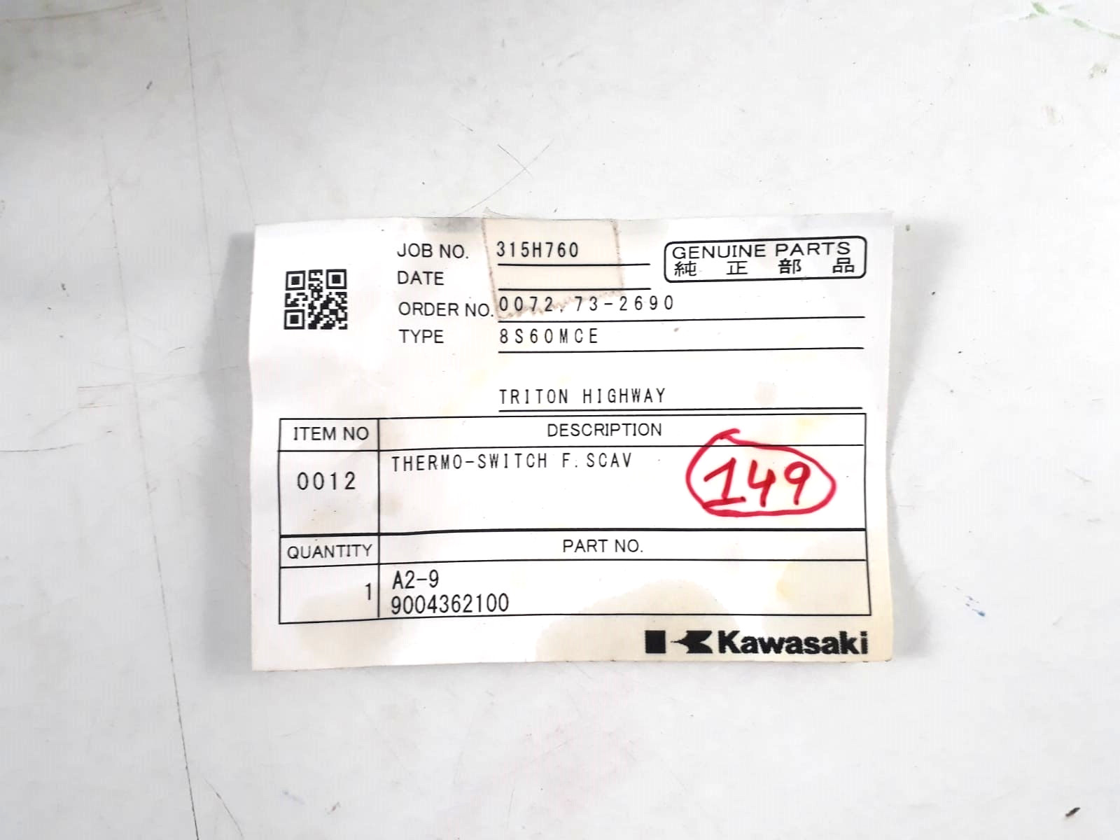 Nesstech TUS-M1 TR-S Thermo-Switch F.Scav For Kawasaki 8S60MCE A2-9 9004362100