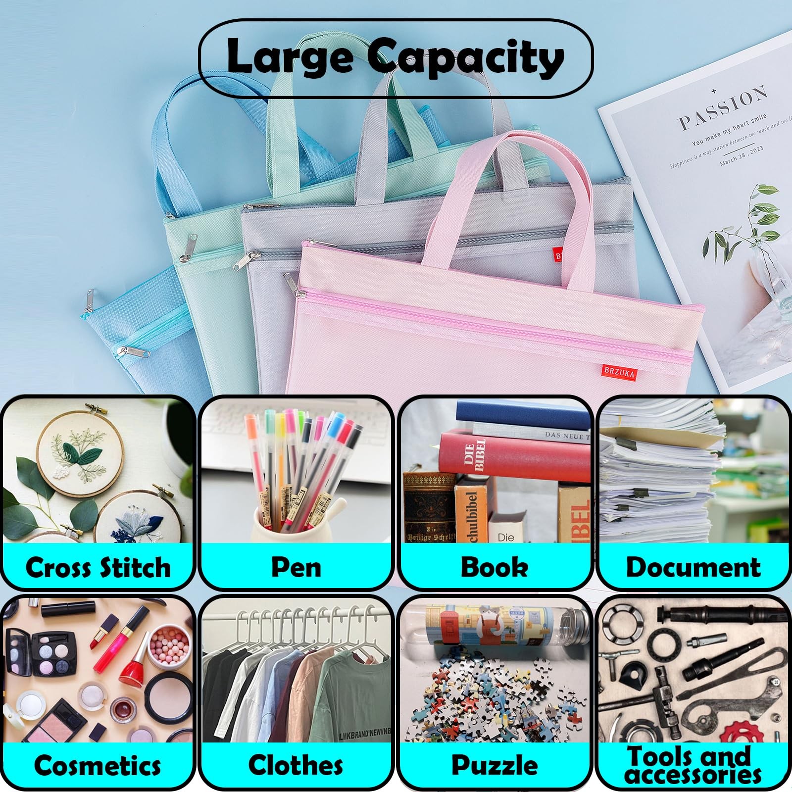 BRZUKA Mesh Zipper Pouch 11×13.7 in, A4 Double Pocket Waterproof A4, Pink