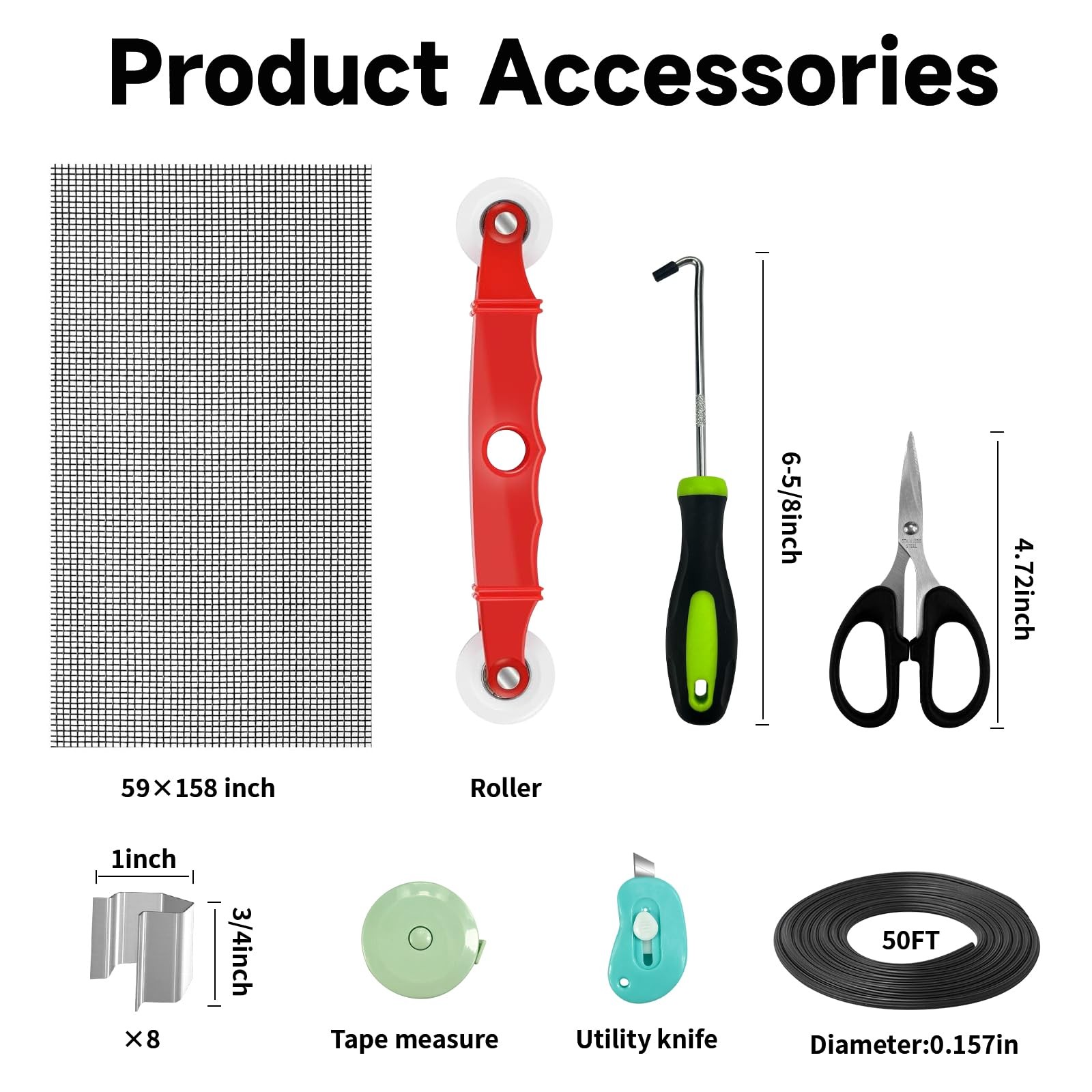 Window Screen Door Repair/Replacement Kit,59″ x158″ 59″ x158″, Black