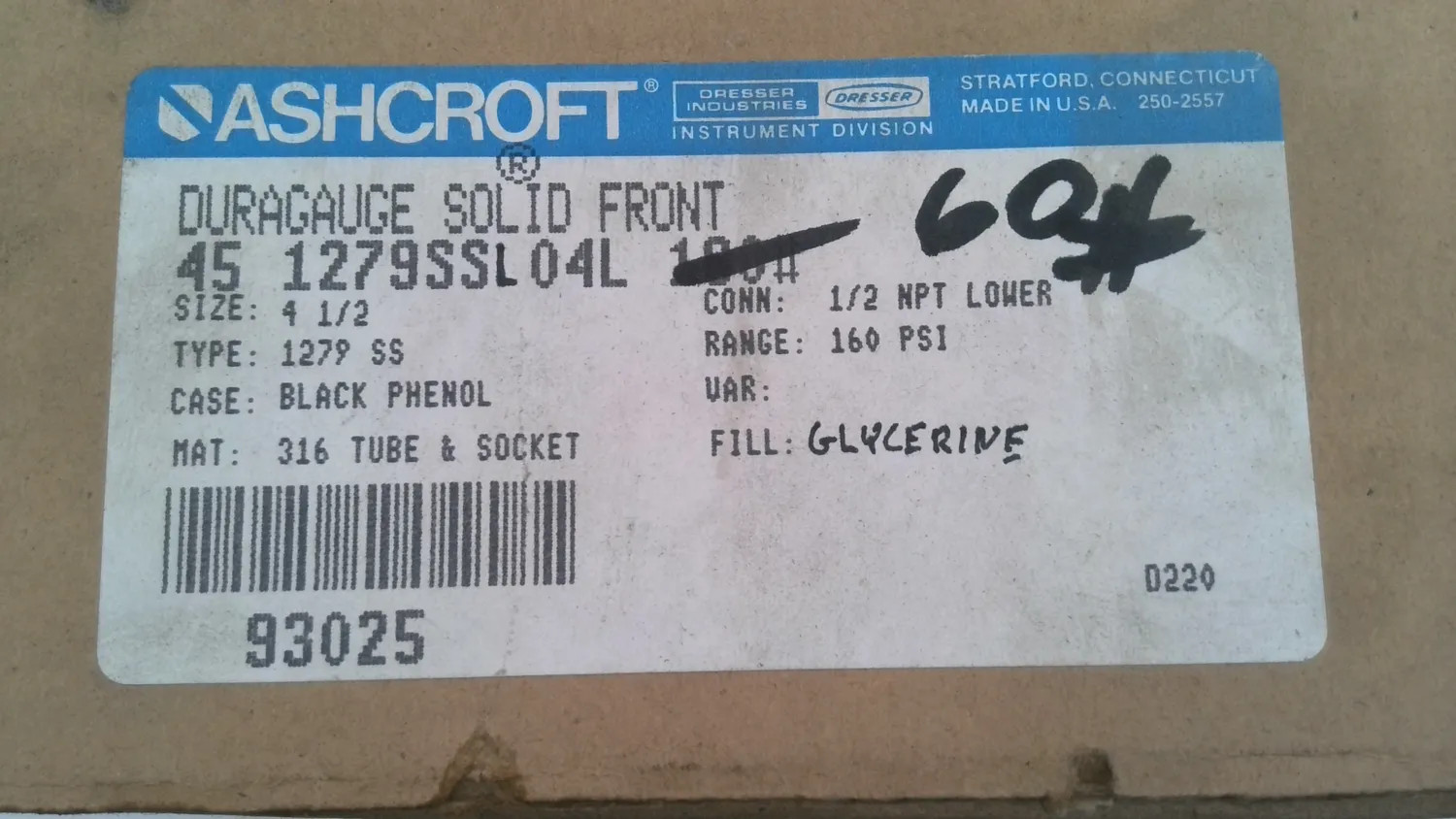ASHCROFT 45 1279SSL04L 60# DURAGAUGE 0-60 PSI 316SS GAUGE