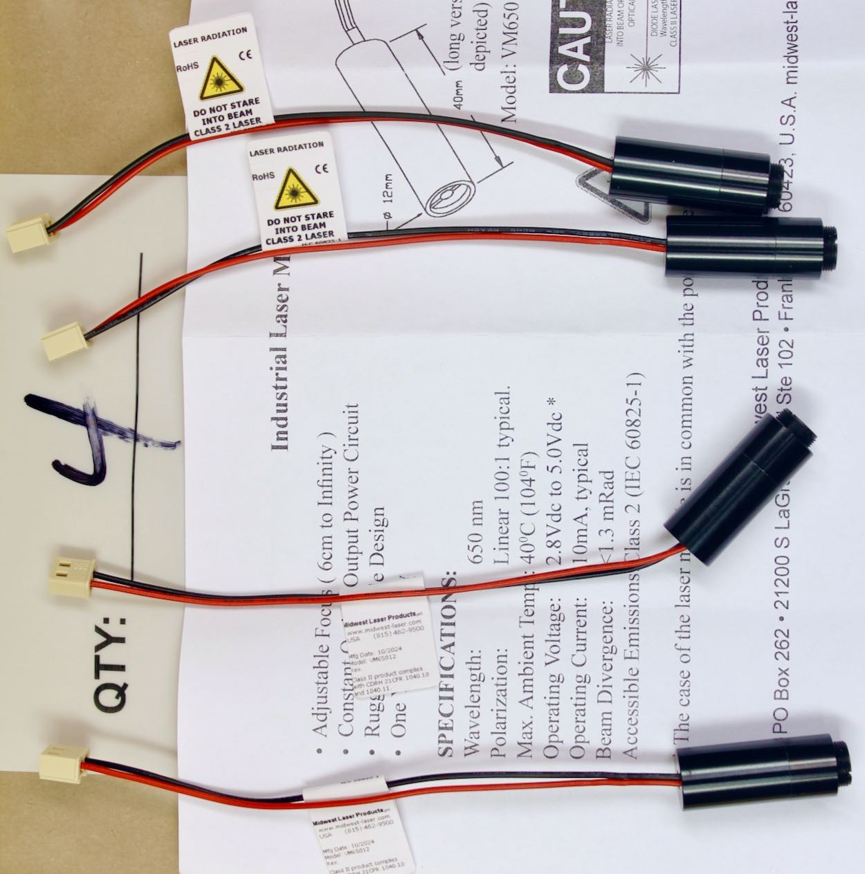 4 Midwest VM65012 Red Dot Laser Modules 12mm 650nm 0.8 to 0.95 mW Class 2