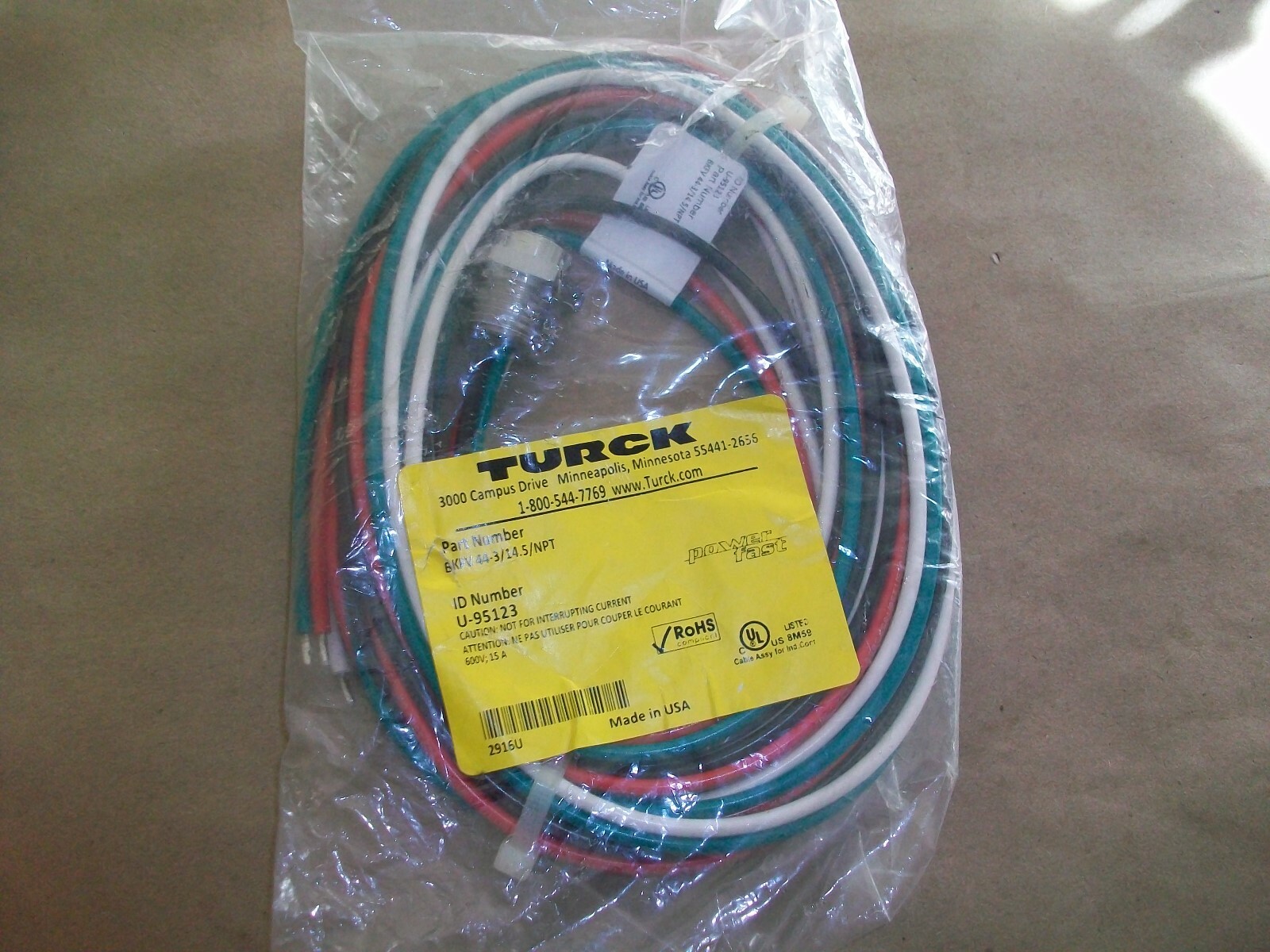 Turck Molded Bulkhead Cordset BKFV 44-3/14.5/NPT 4 POLE NEW