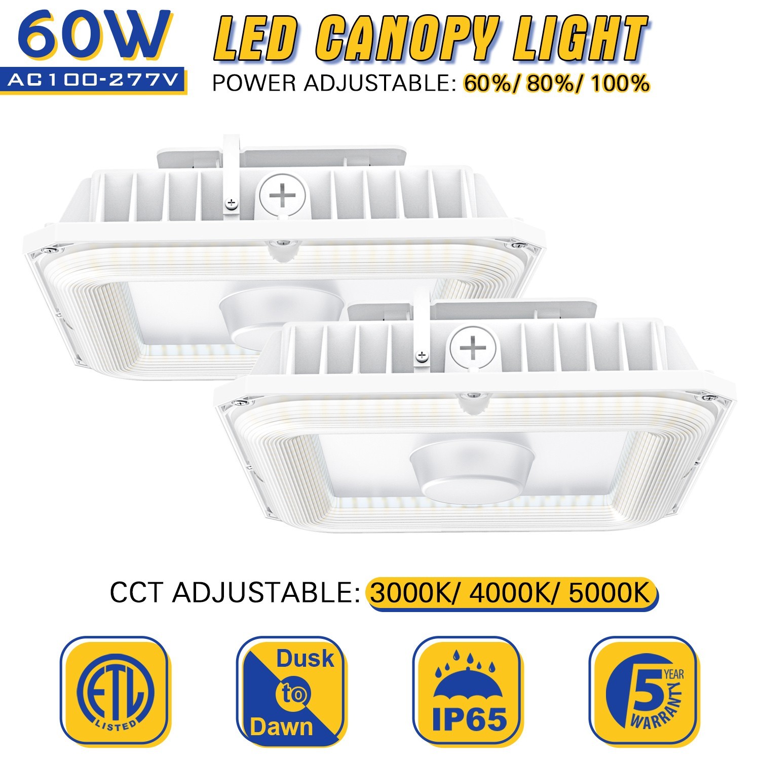 2Pcs 60W LED Canopy Light Outdoor Parking Lot Gas Station Lamp 8100lm 4.5/5/5.7K