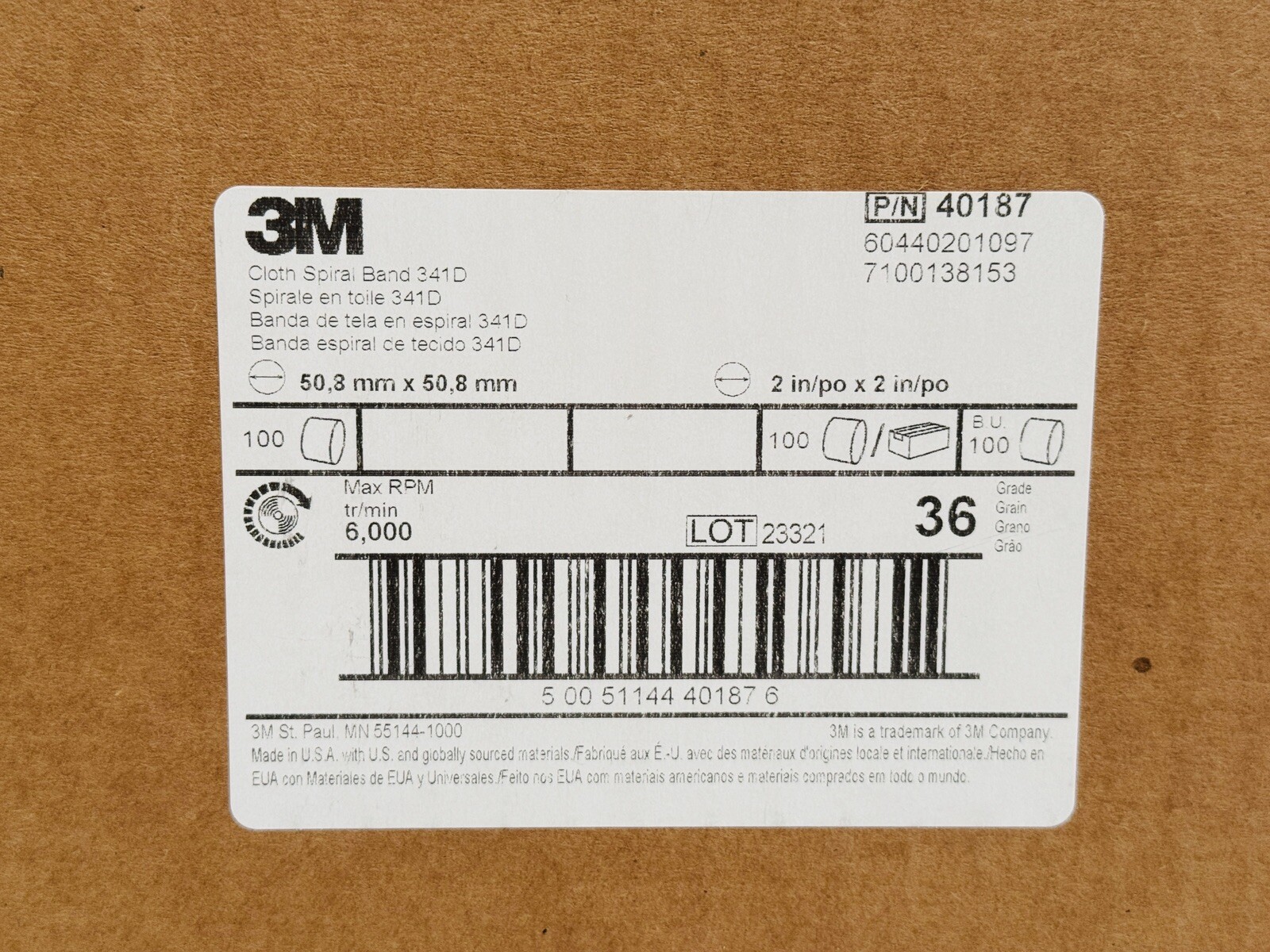 3M Cloth Spiral Band 341D, 36 X-weight, 2”-in x 2”-in, Case of 100 Bands