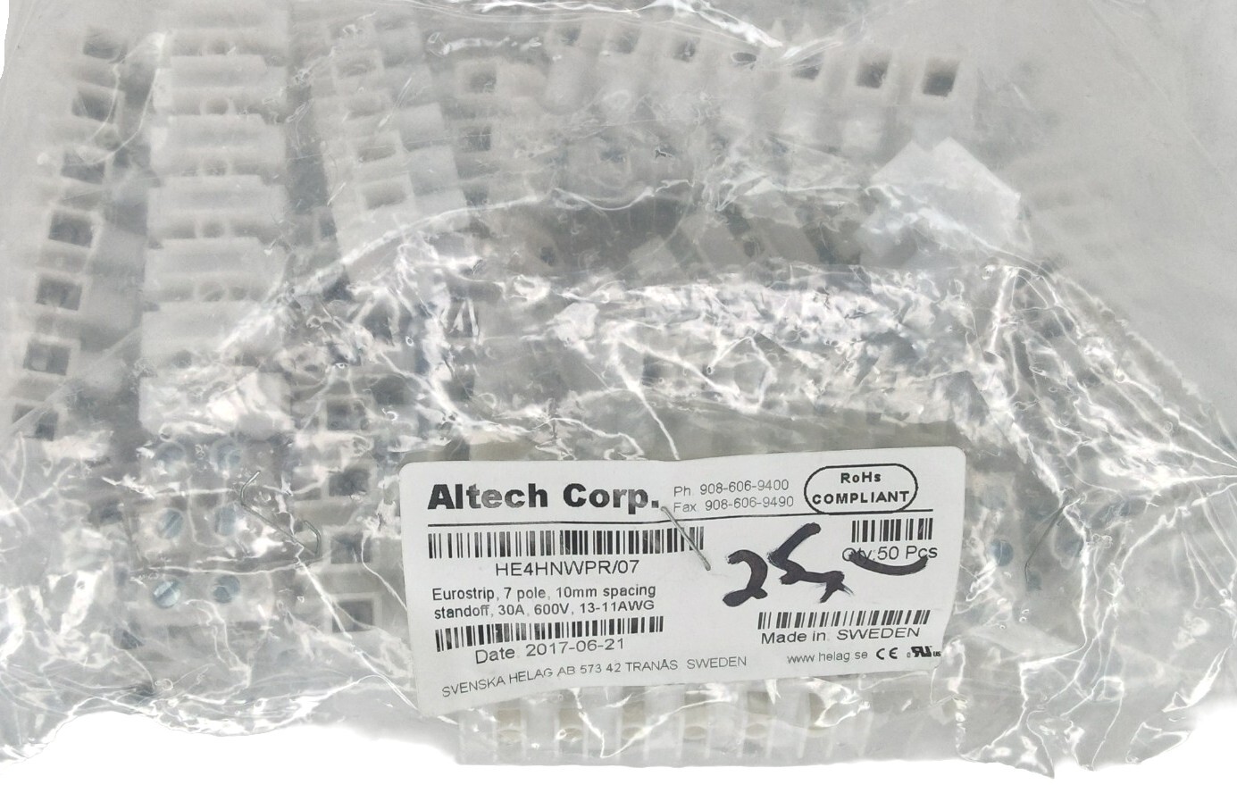*Lot of 5* Altech Corp HE4HNWPR/07 Eurostrip 7 Pole 10 mm Spacing Standoff 30A