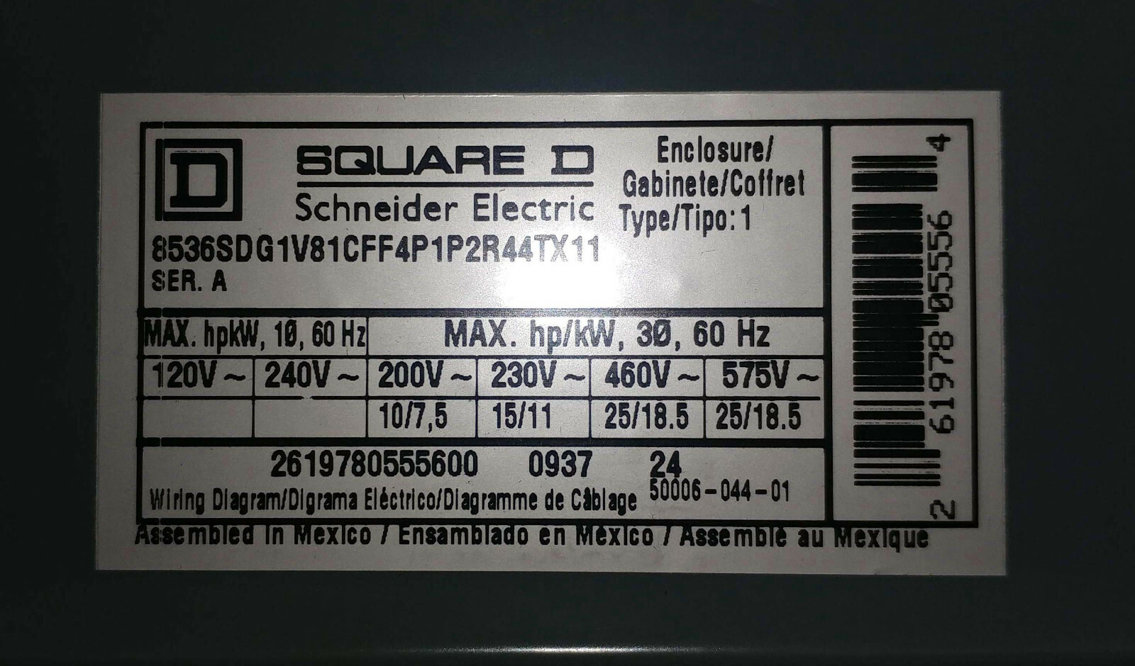 1 NEW SQUARE D 8536SCG3V81CFF4P1P2R44TX11 NEMA 1 COMBINATION STARTER NIB