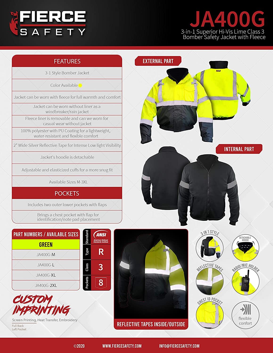Fierce Safety JA400G 3-in-1 Superior Hi-Vis Class 3 Bomber Jacket | 100% polyest