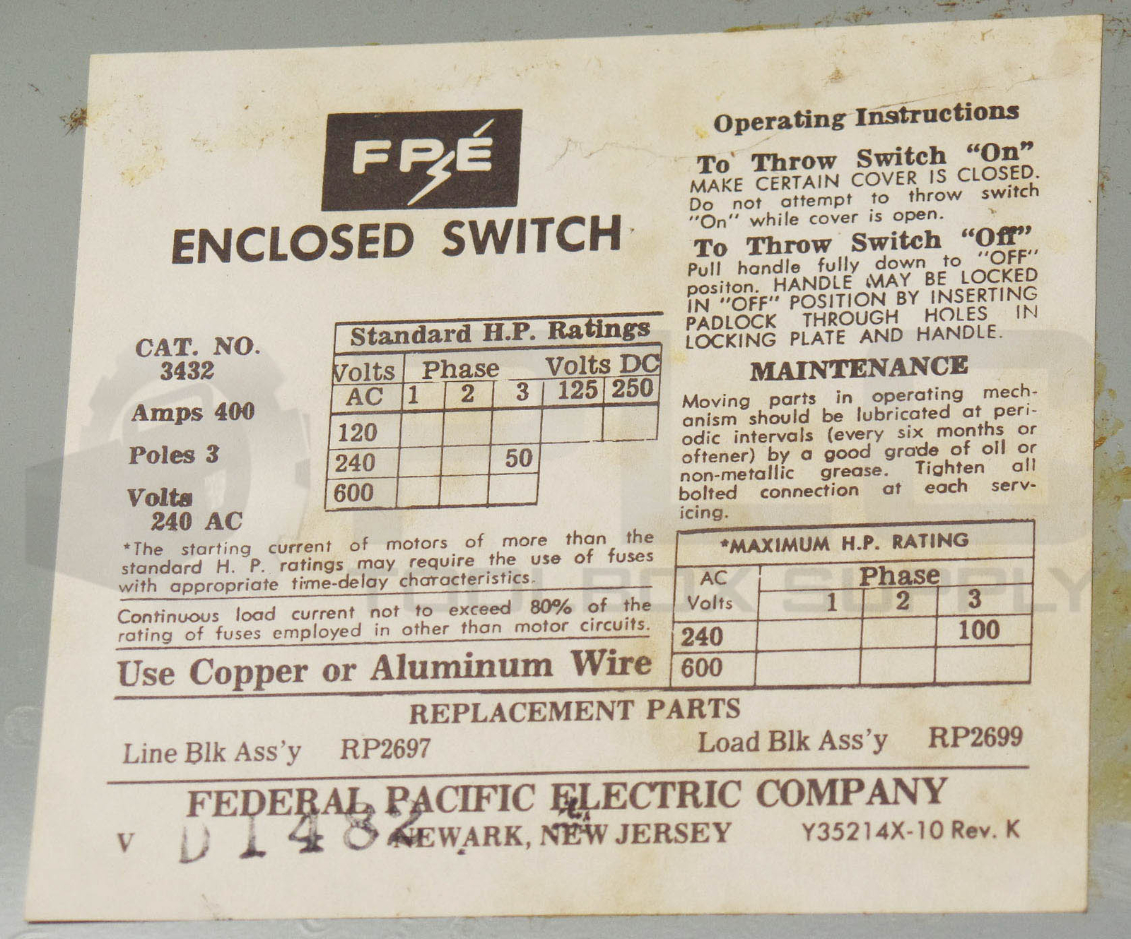 NEW FEDERAL PACIFIC 3432 ENCLOSED SWITCH 400A 3P 240VAC 50HP Y35214X-10 *READ*