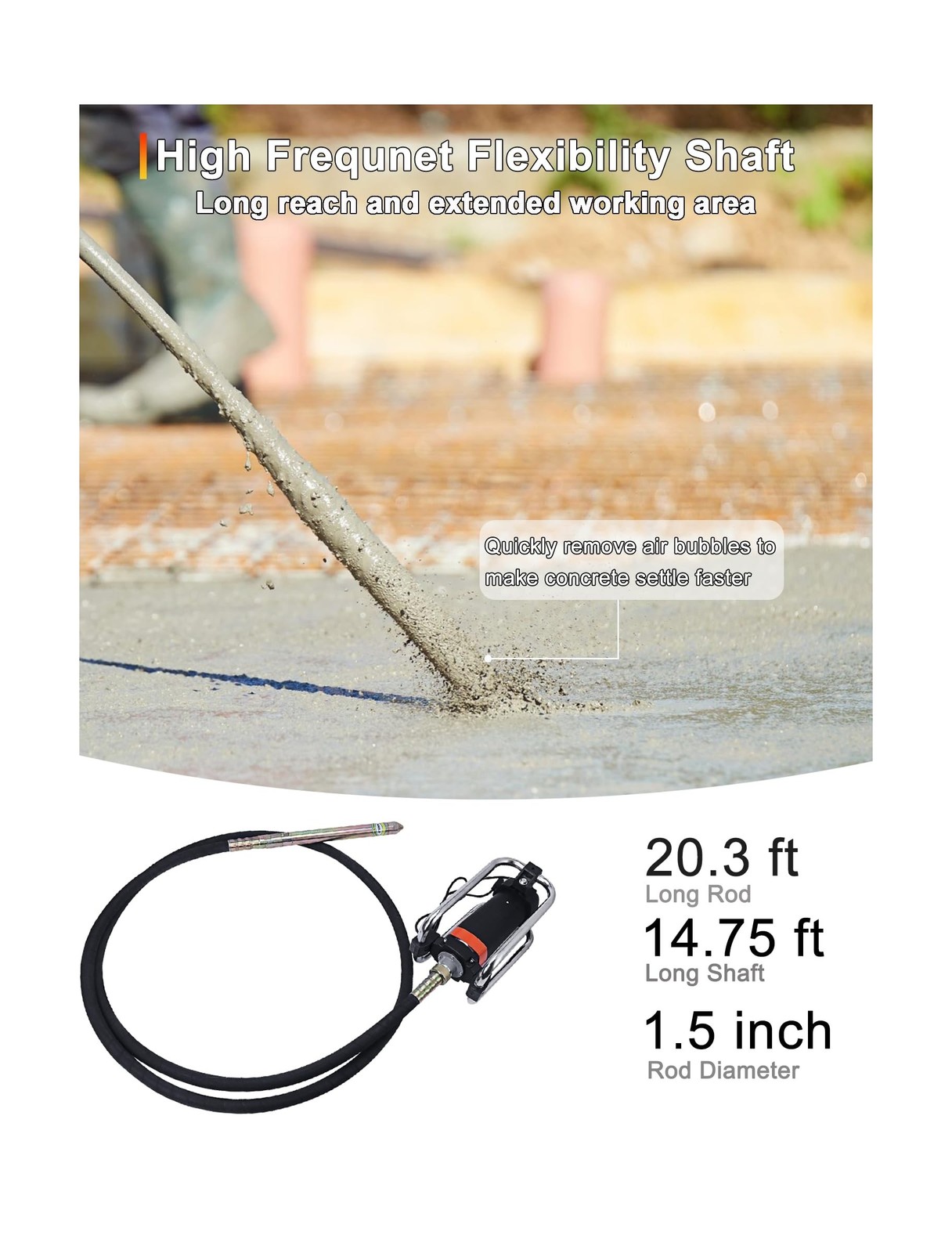 Concrete Vibrator, 1600W 2HP 18000RPM, 14-3/4ft Flexible Shaft, Electric Conc…
