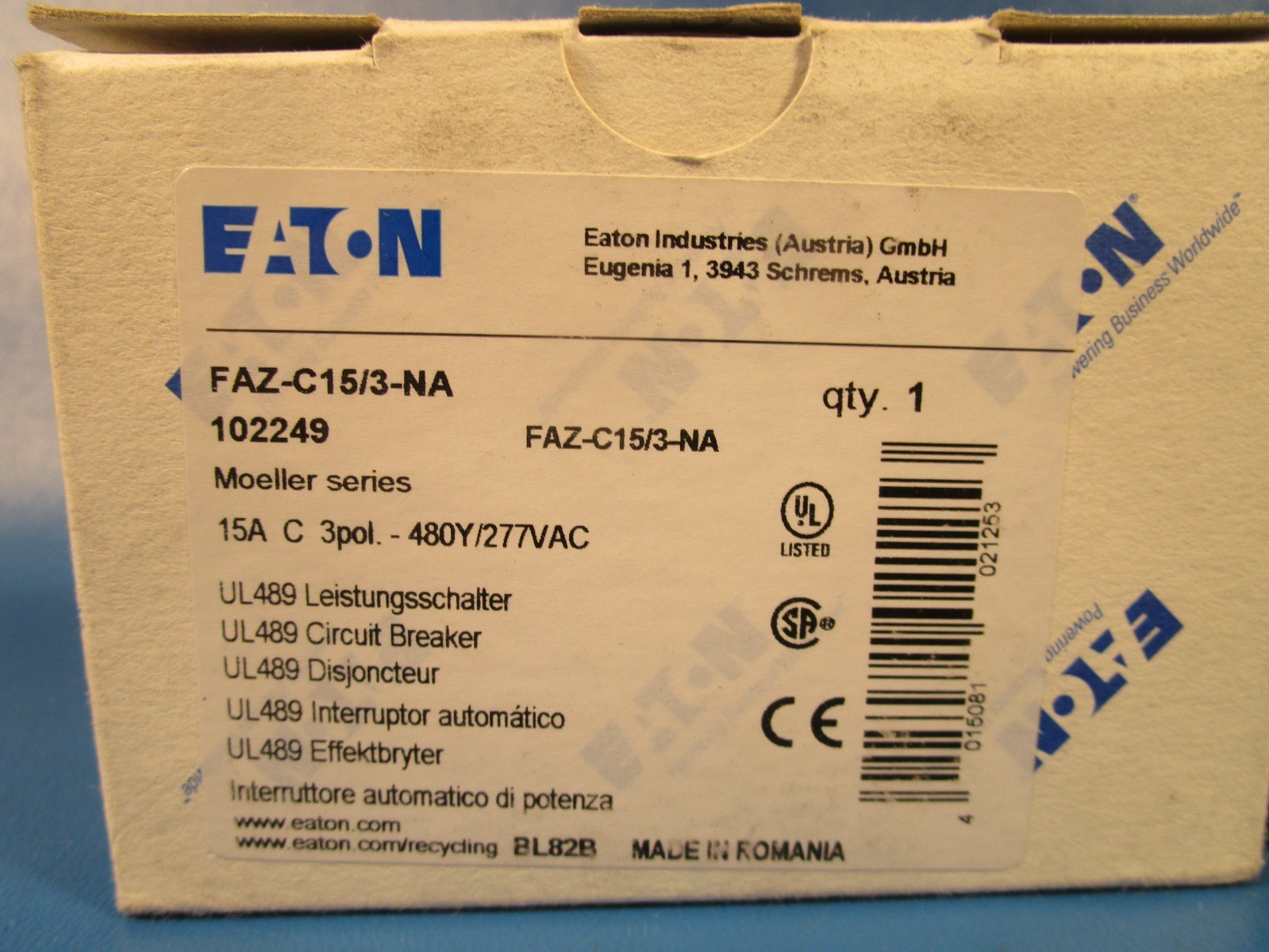 EATON FAZ-C15/3-NA, CIRCUIT BREAKER, THERMAL MAGNETIC, 14 KA, 15 AMP, 3 POLE, 27