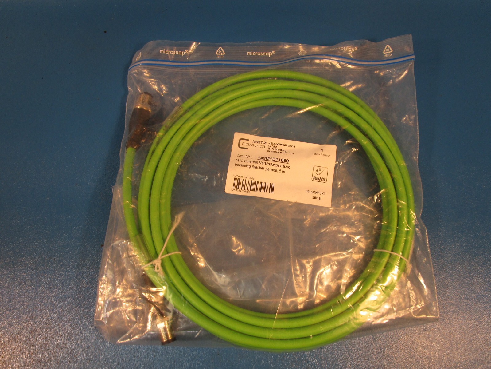 METZ CONNECT 142M1D11050, Sensor Cable, Ethernet, M12 Plug, 4 Way, M12 Plug