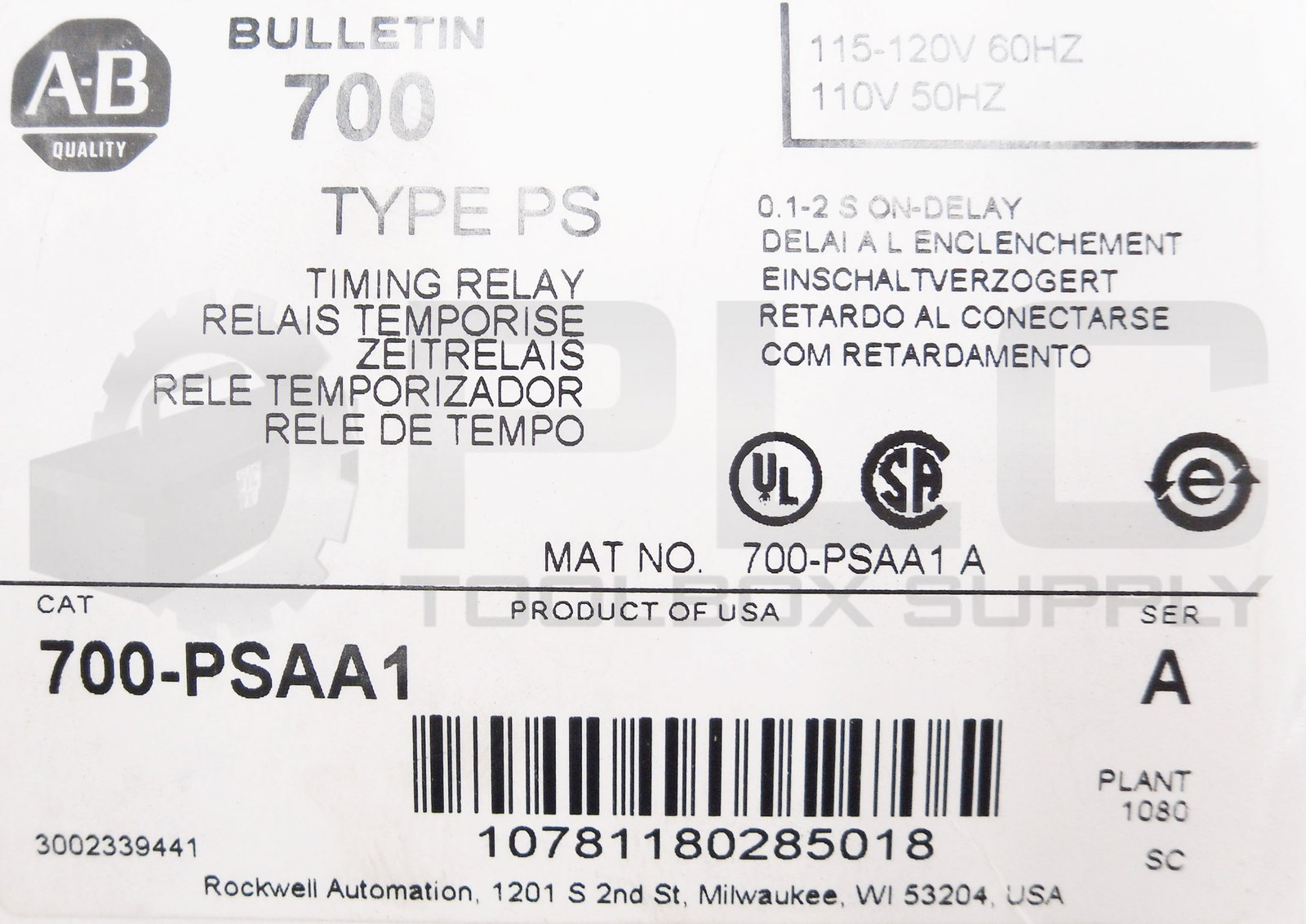 NEW ALLEN BRADLEY 700-PSAA1 /A TIMING RELAY 115-120V 60HZ 110V 50HZ 0.1-2S DELAY