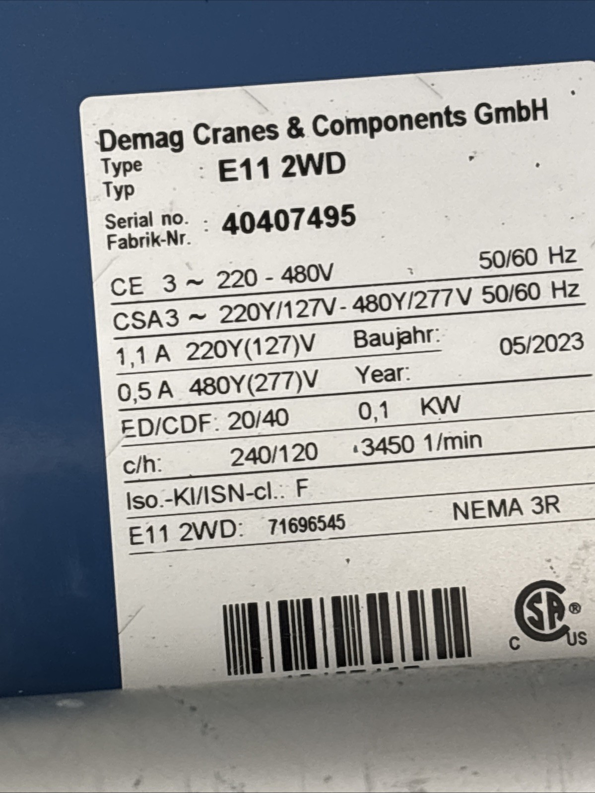 NEW Demag 71690045 / E11 2WD Electric Travel Drive; 208-480V, 50/60Hz, 3PH