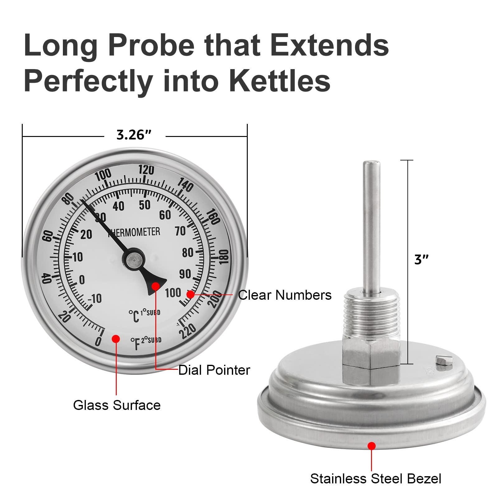 Stainless Steel Kettle Thermometer for Home Brewing, 1/2 NPT with Lock Nut & …