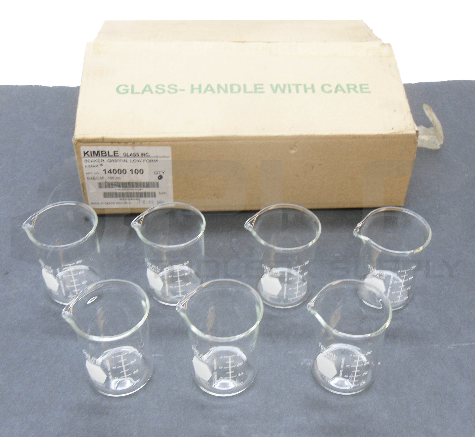 NEW BOX OF 7 KIMBLE GLASS 14000 LOW FORM GRIFFIN BEAKERS 100ML 14000 100