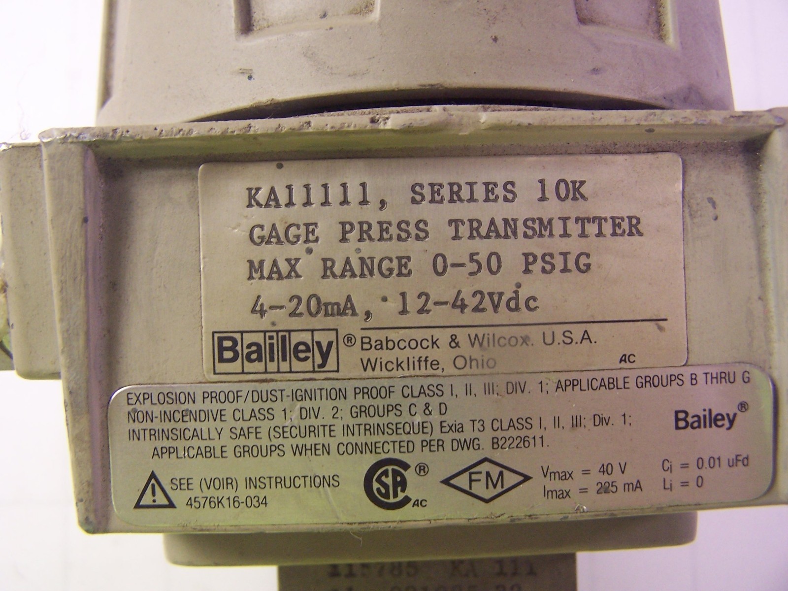BAILEY GAGE PRESSURE TRANSMITTER 0-50 PSIG 4-20mA 12-42 VDC KA11111 SERIES 10K