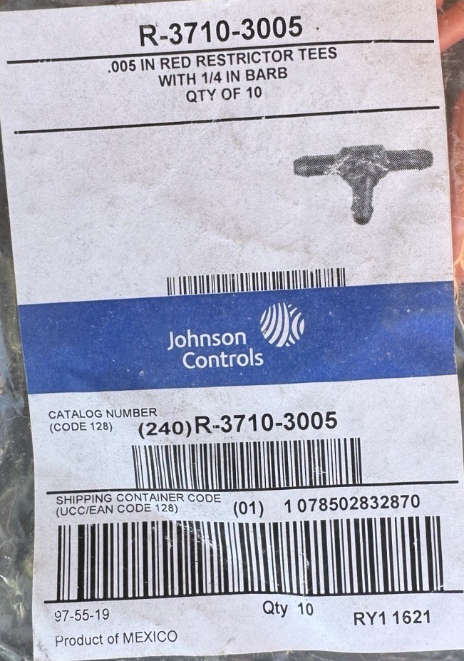 JOHNSON CONTROLS R-3710-3005 .005 Red (LOT OF 5 ) 1/4″ In BARBED RESTRICTOR TEE