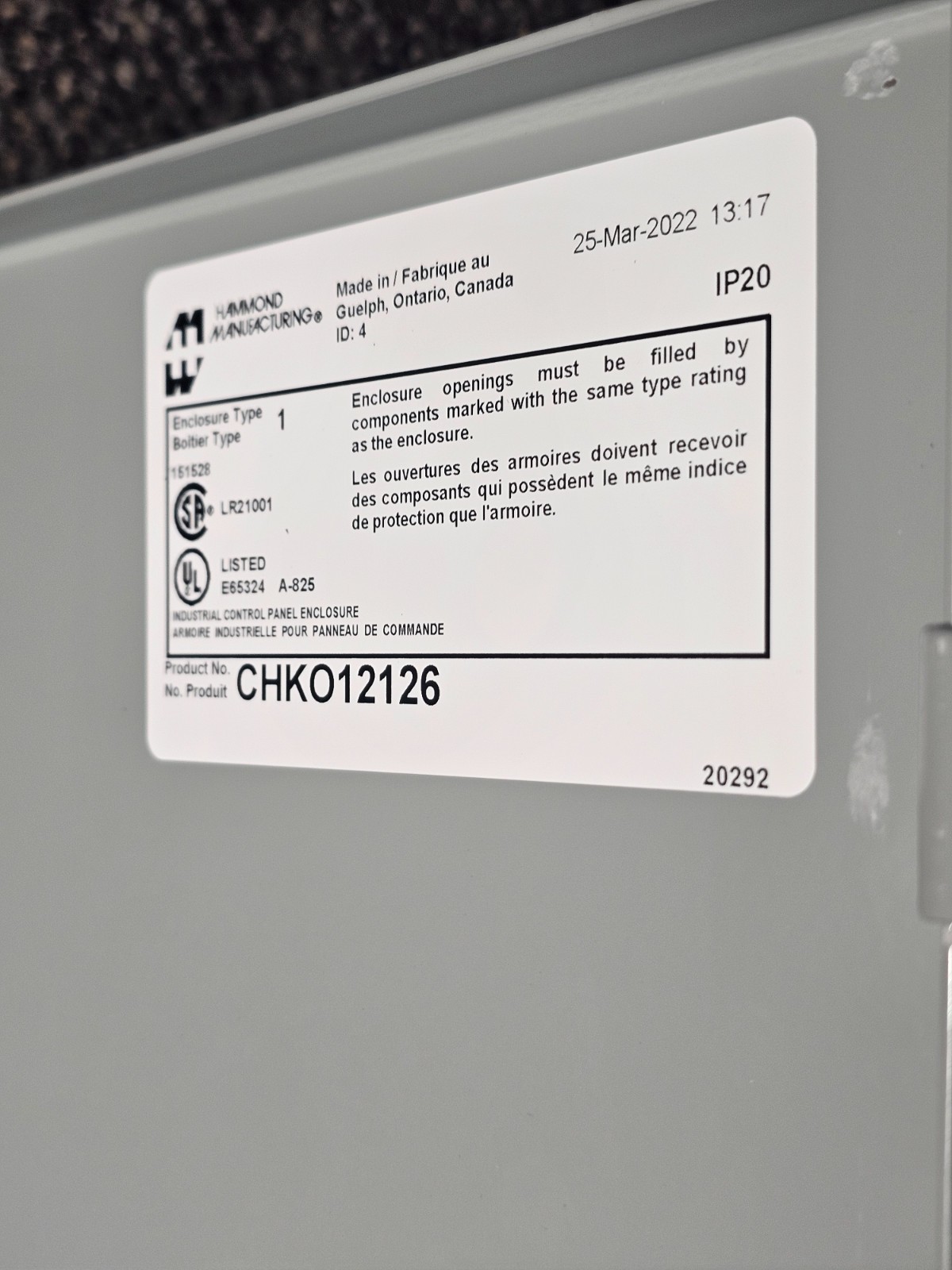 Hammond Mfg CHKO12126 12x12x6 In Enclosure, Junction Box Mild Steel, Gray