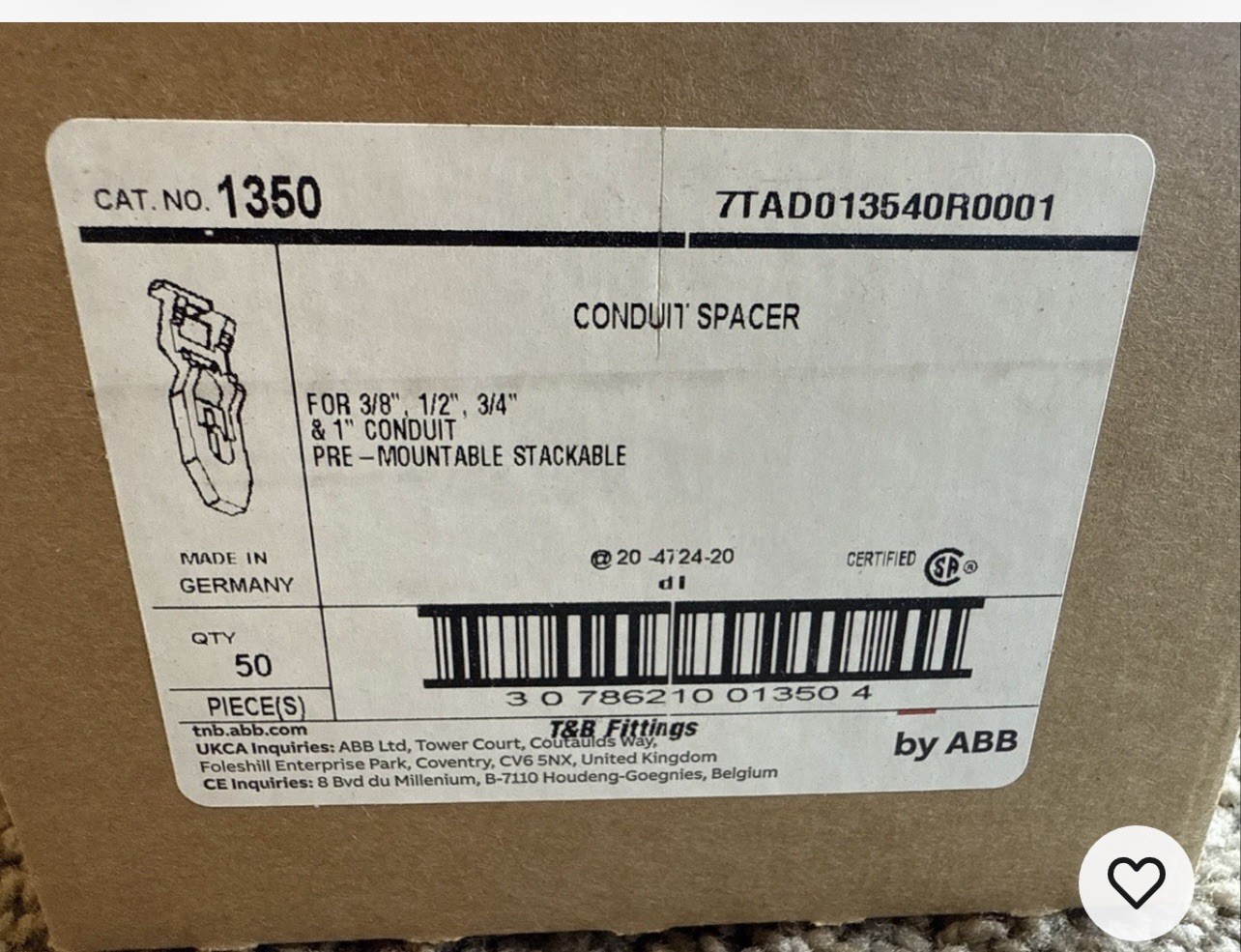 Thomas & Betts 1350 Conduit Spacer 3/8”,1/2”,3/4”, 1” Box of 50 ***Brand New***