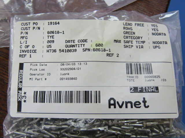 TE CONNECTIVITY 60618-1 Qty of 125 per Lot Pin Contact Tin 18-24 AWG Crimp