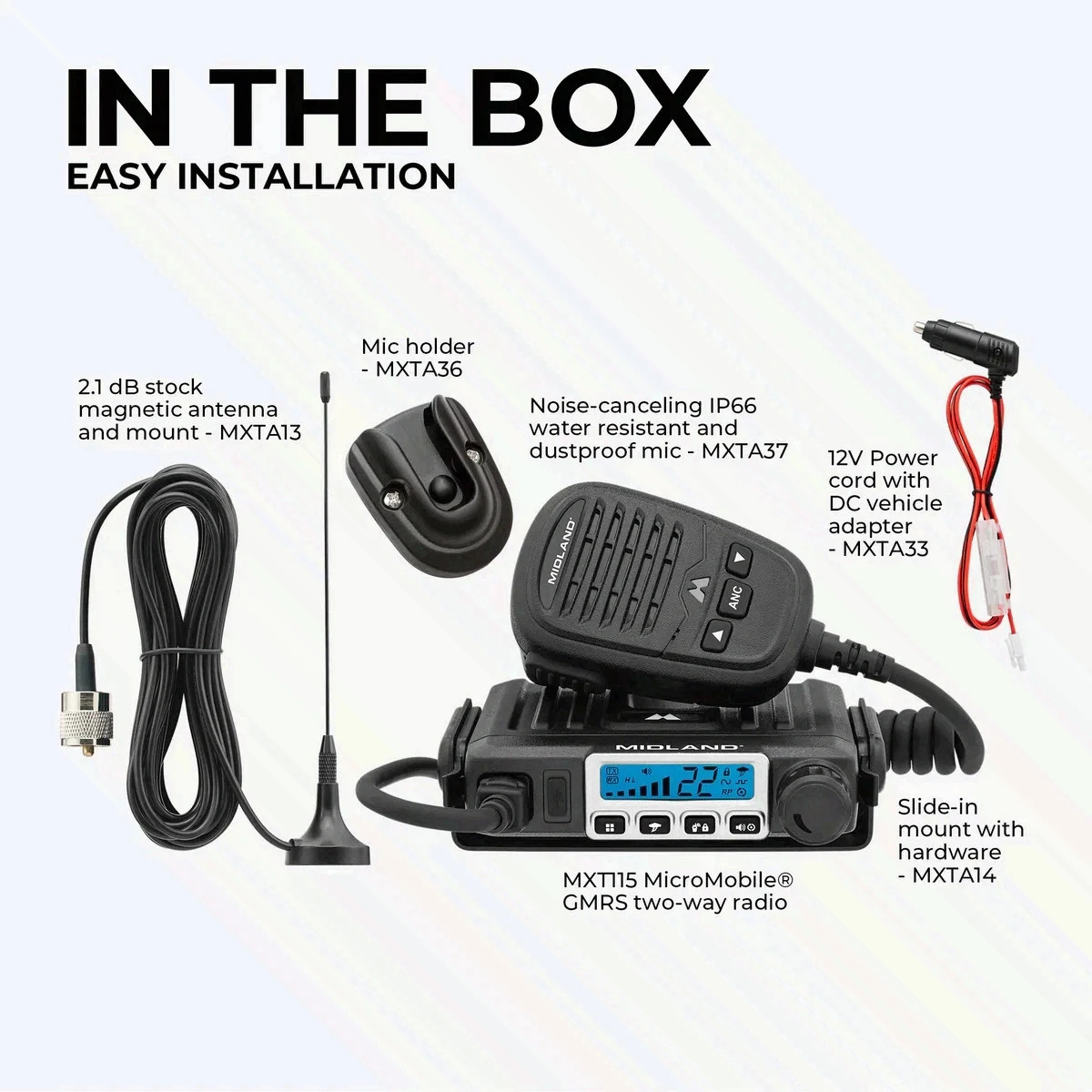 Midland MXT115 MicroMobile GMRS Radio 15W Mobile Two Way Bundle